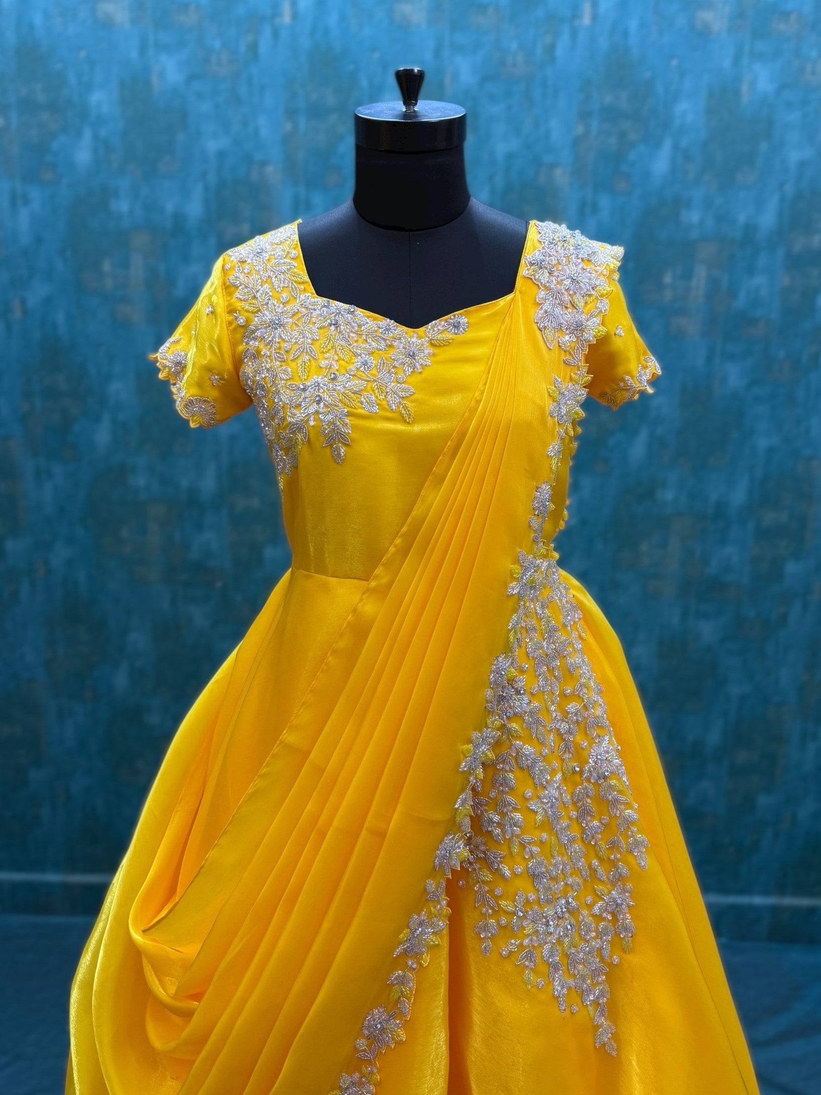 Yellow Crystal Embroidered Layer saree gown with Graphed Dupatta