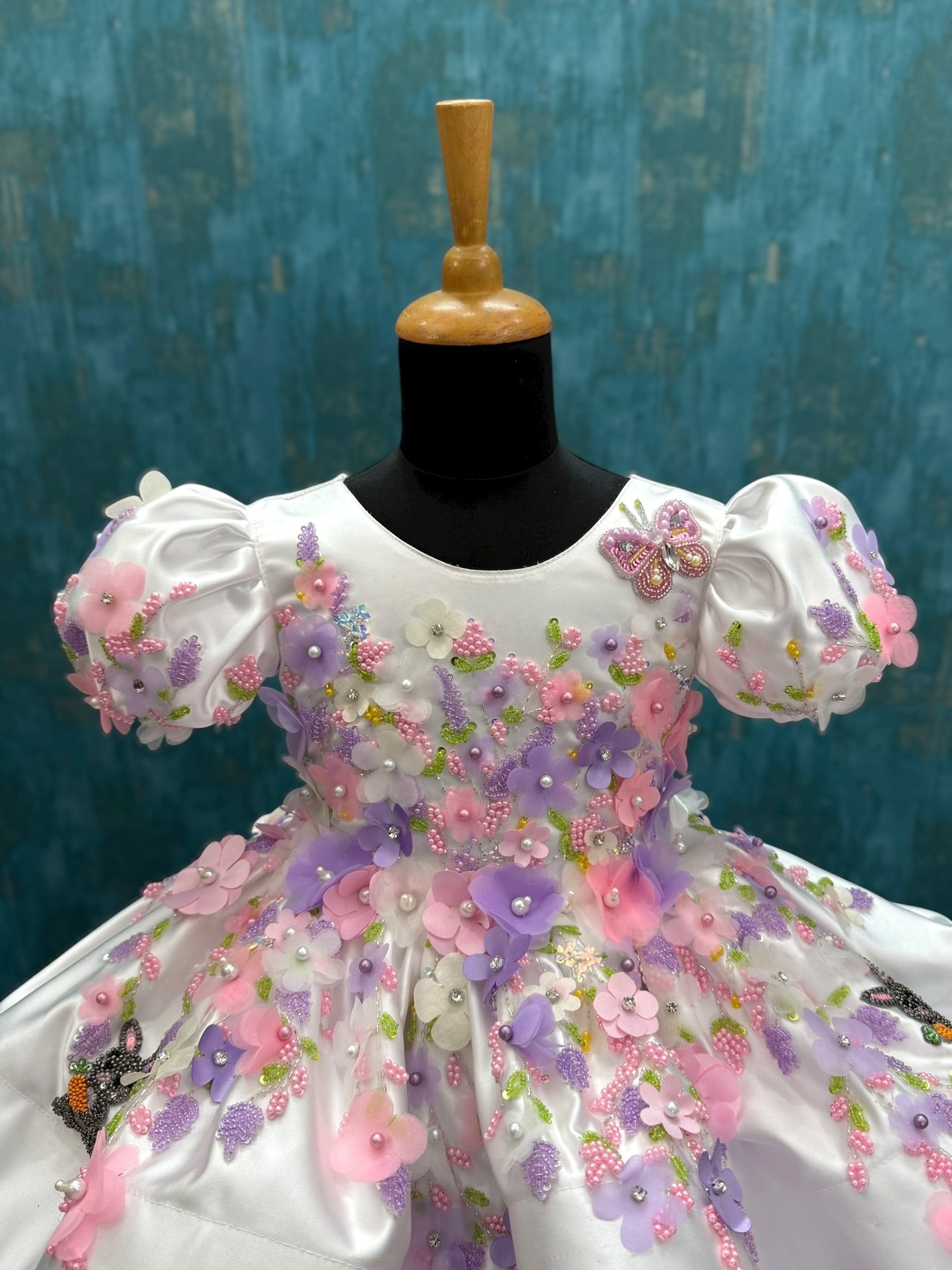 white Floral Fantasy high low layer gown with intricate embroidery