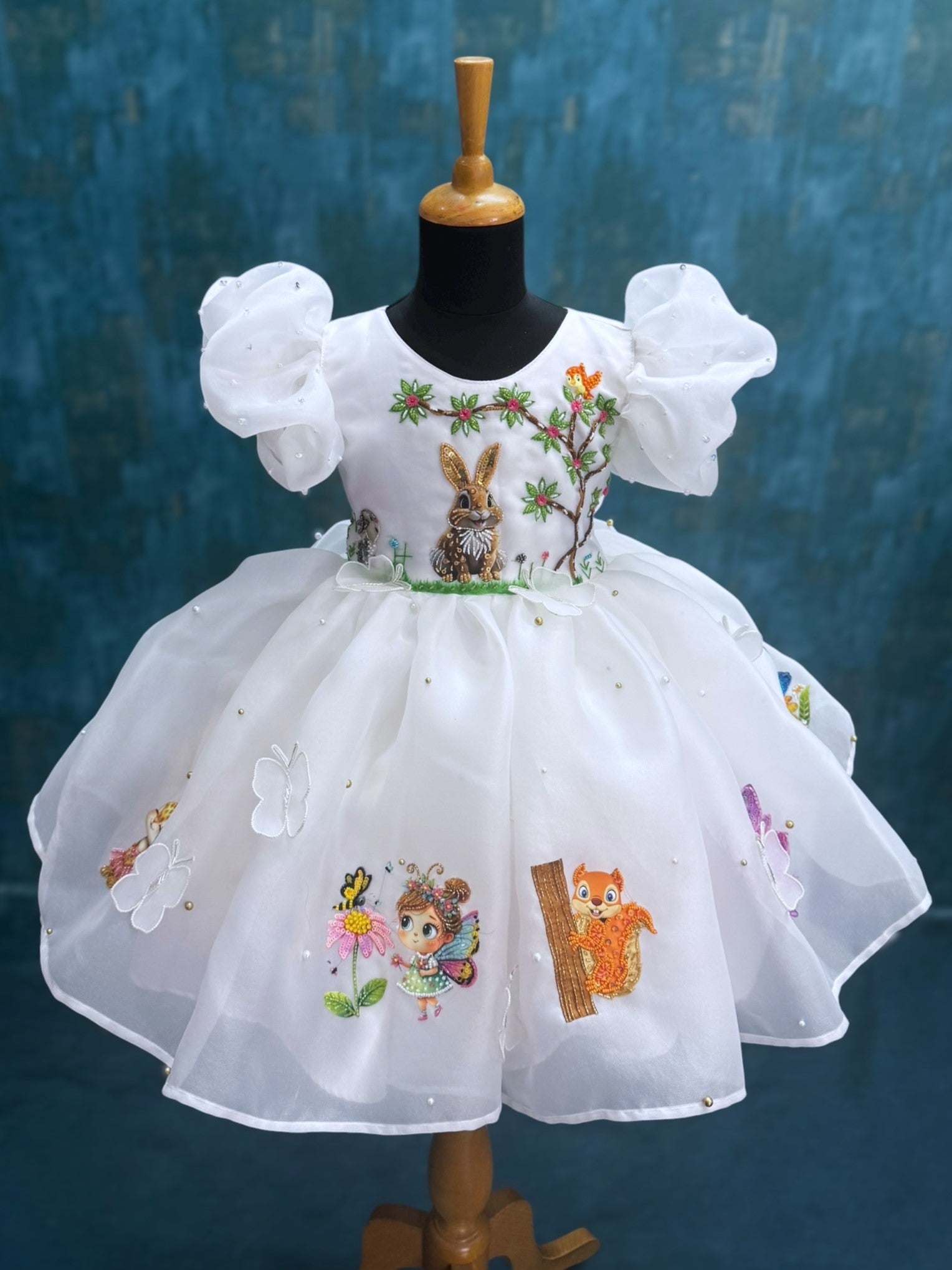 garden theme bunny white organza gown