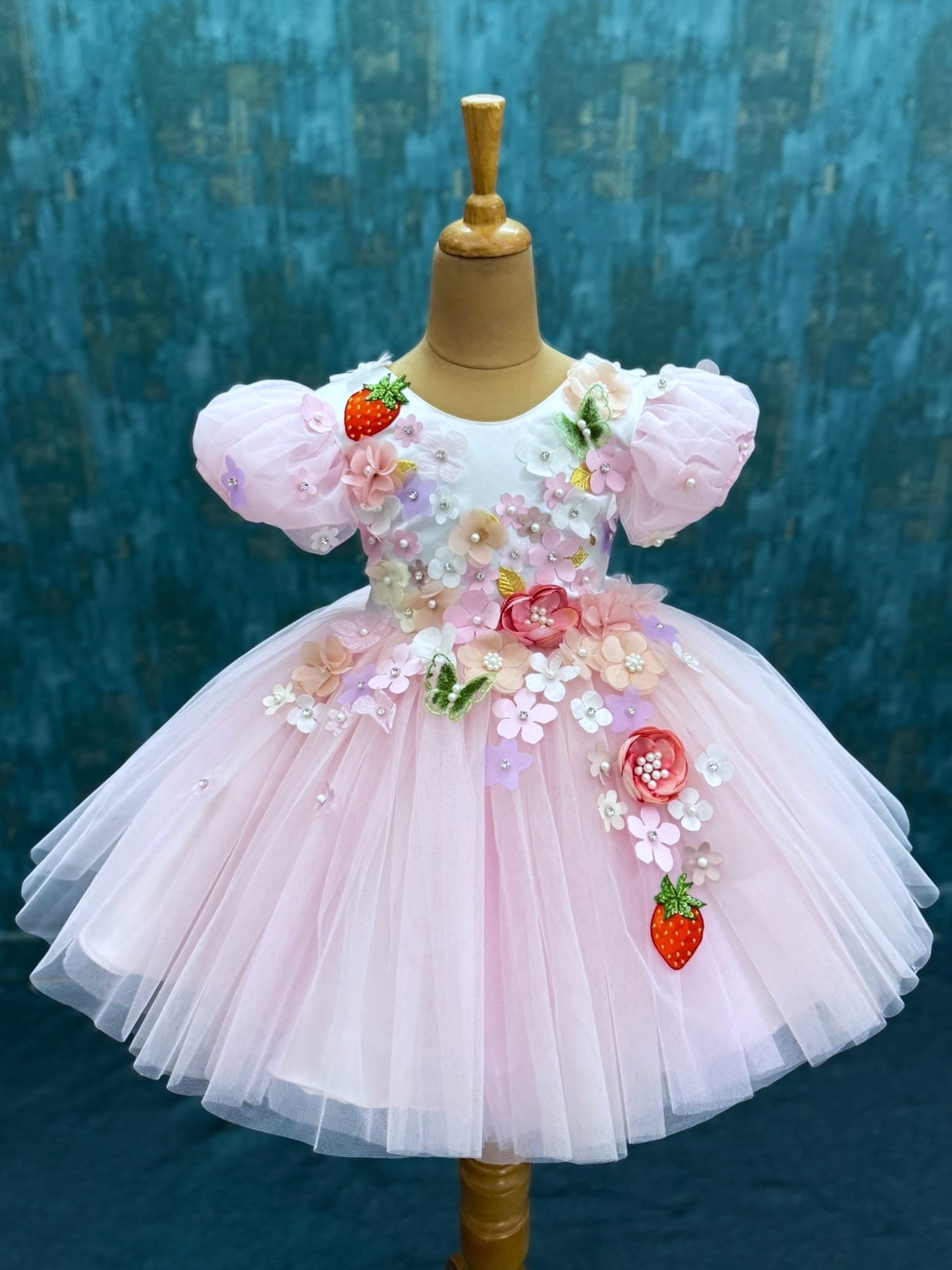 Strawberry pink Bloom Delight floral dress with puff sleeves