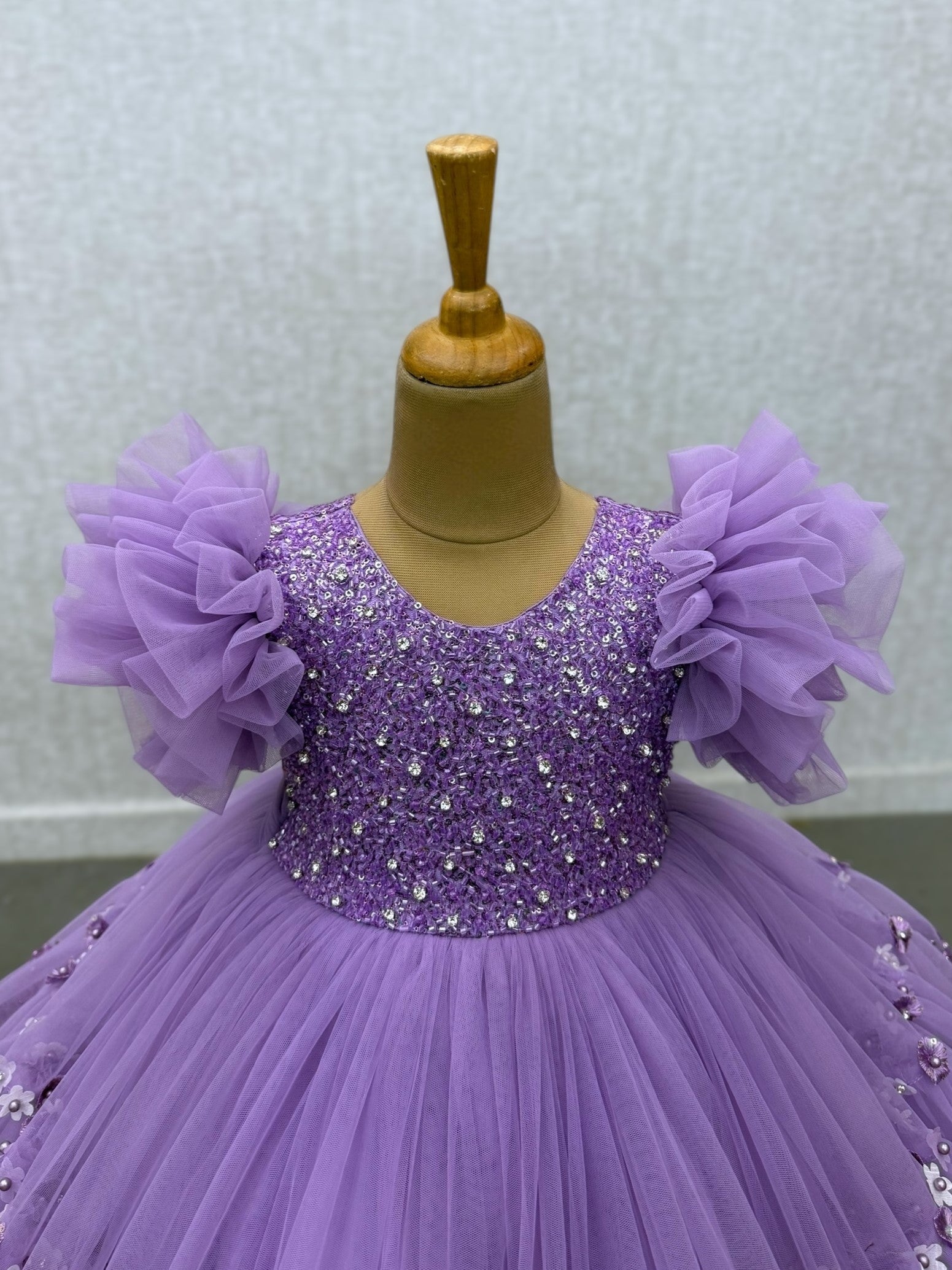 lavender sequence ball gown with intricate hand work