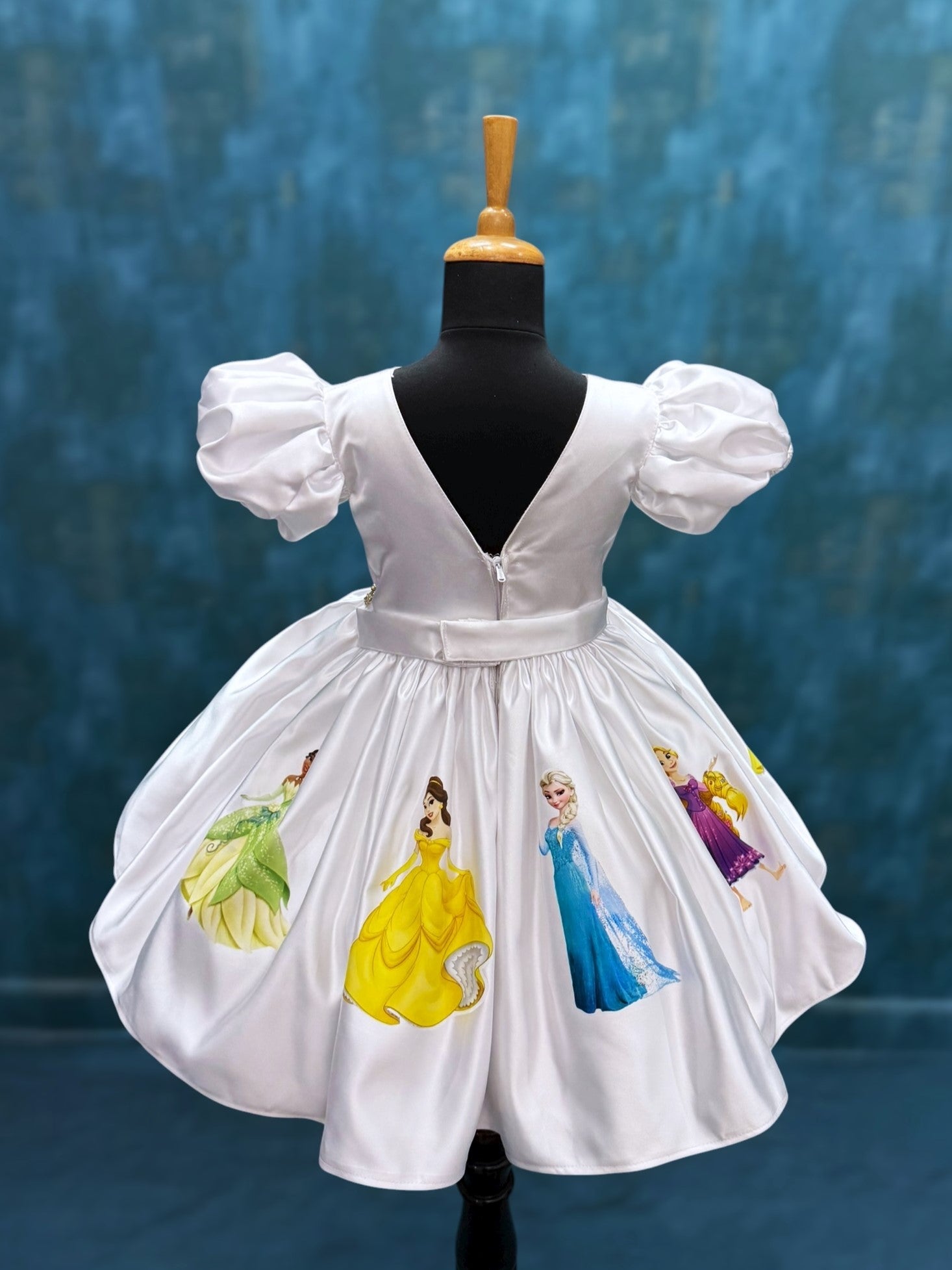 disney princess satin gown with castle top and puff sleeves
