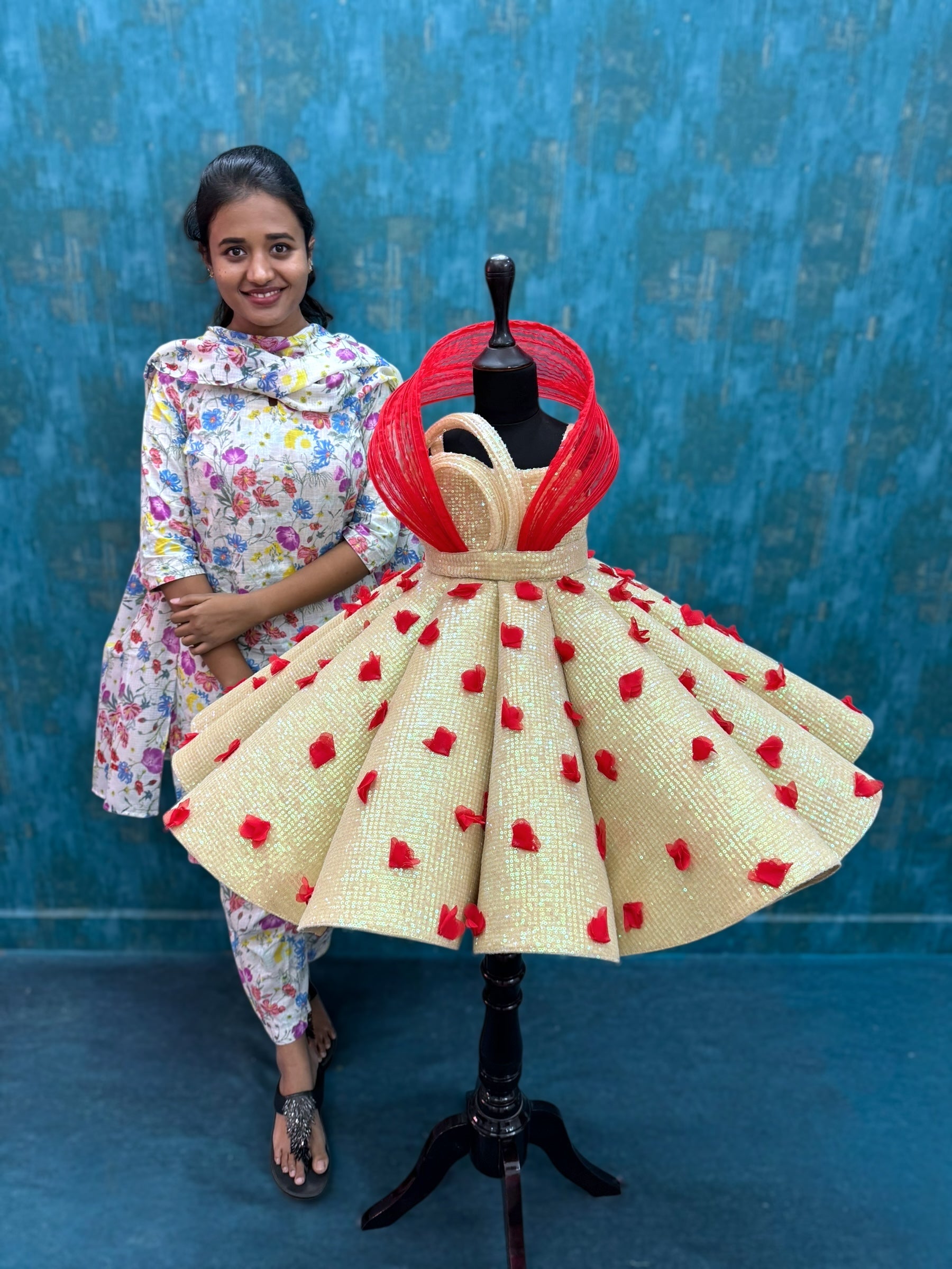 Royal Crimson Rose Petal Champagne Princess Party Gown