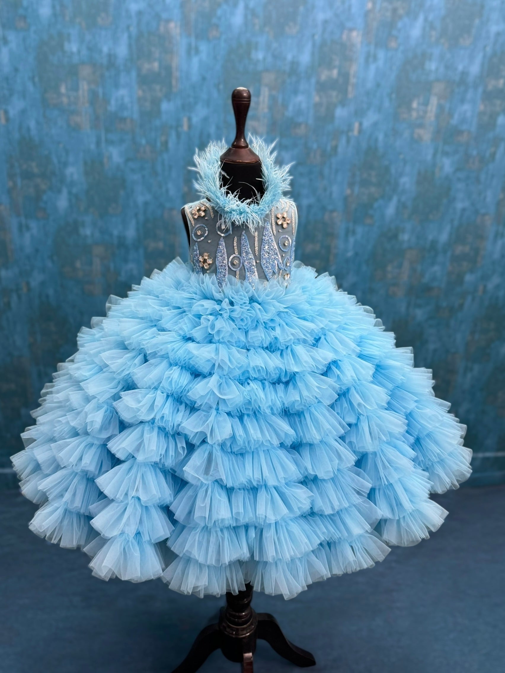 Ice Blue Frost Feather Royale Princess Ball Gown