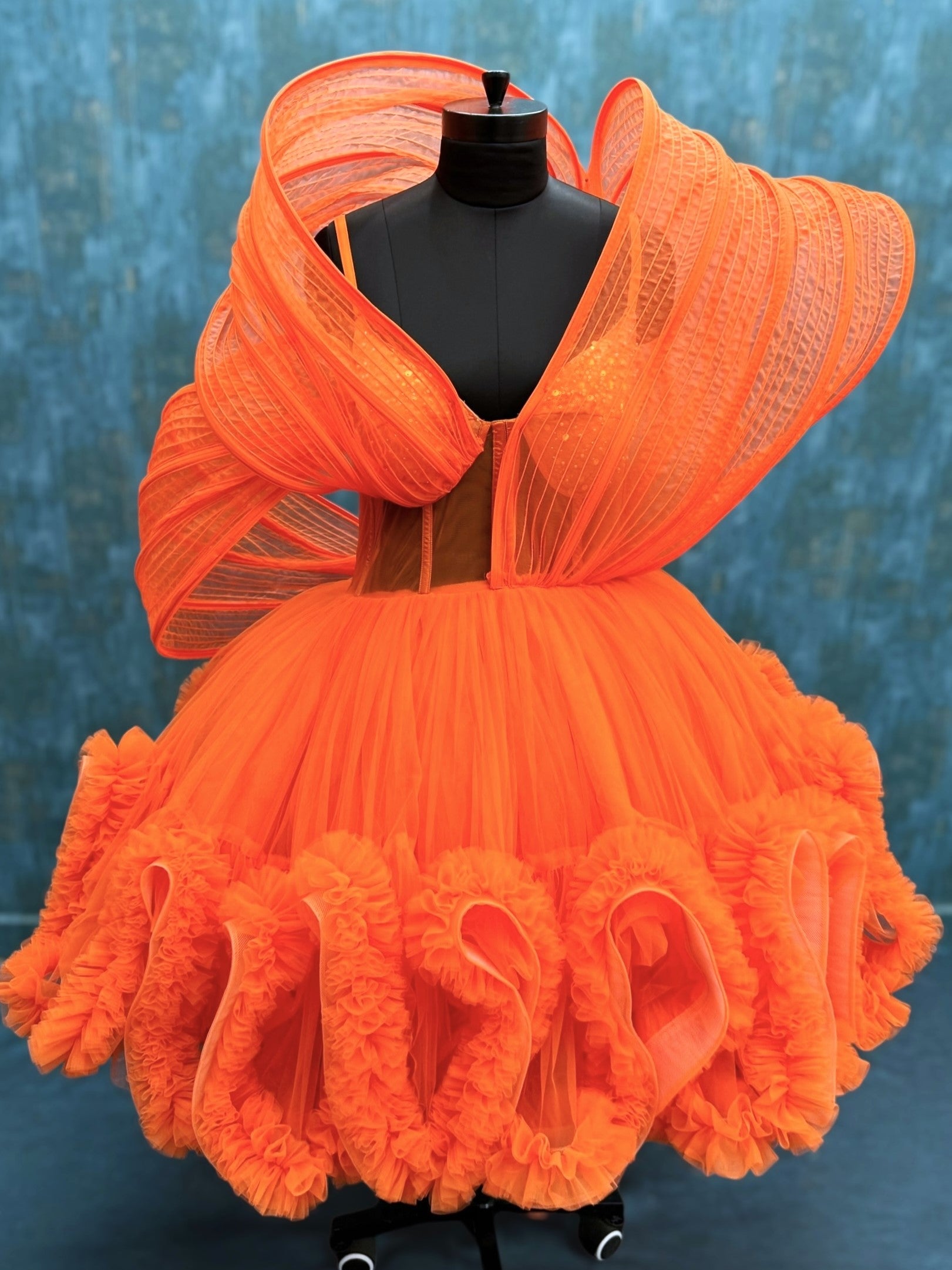 Orange Structured Ruffle Corset Gown