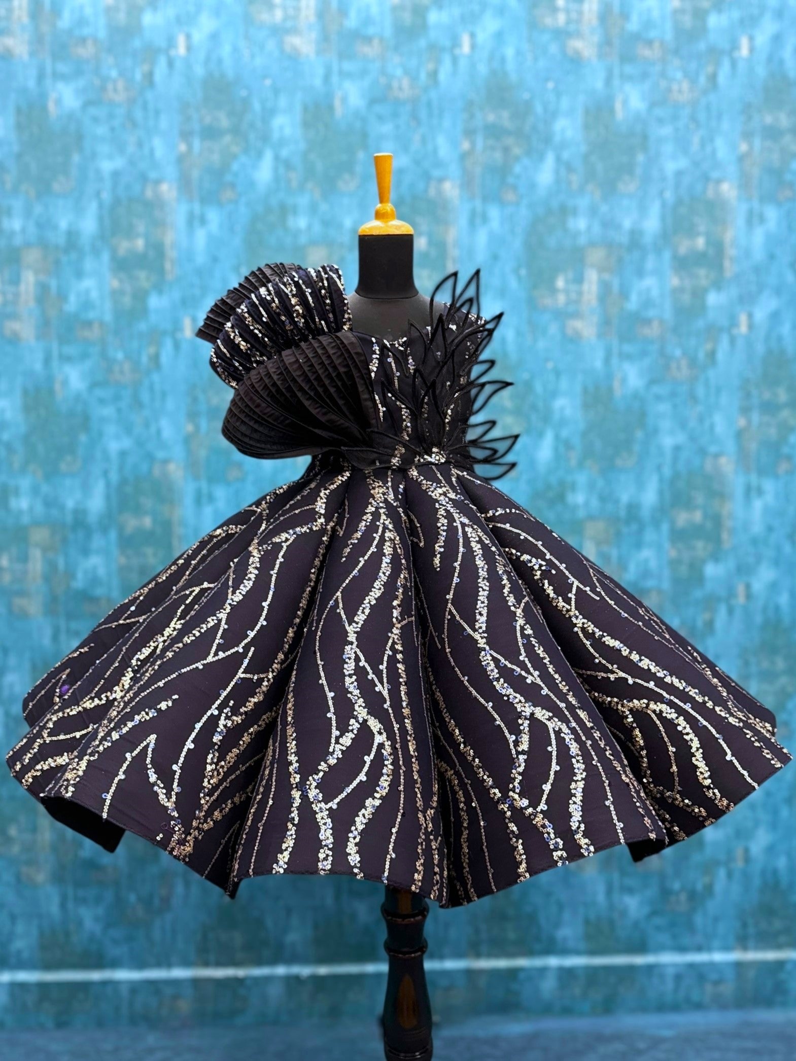 Black Structured Panel Ball Gown with Embossing Bows and Hand Embroidered Petals