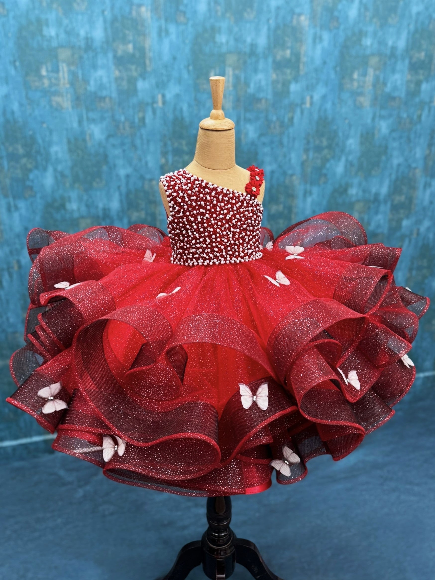 Red Butterfly Bliss Couture gown with intricate work