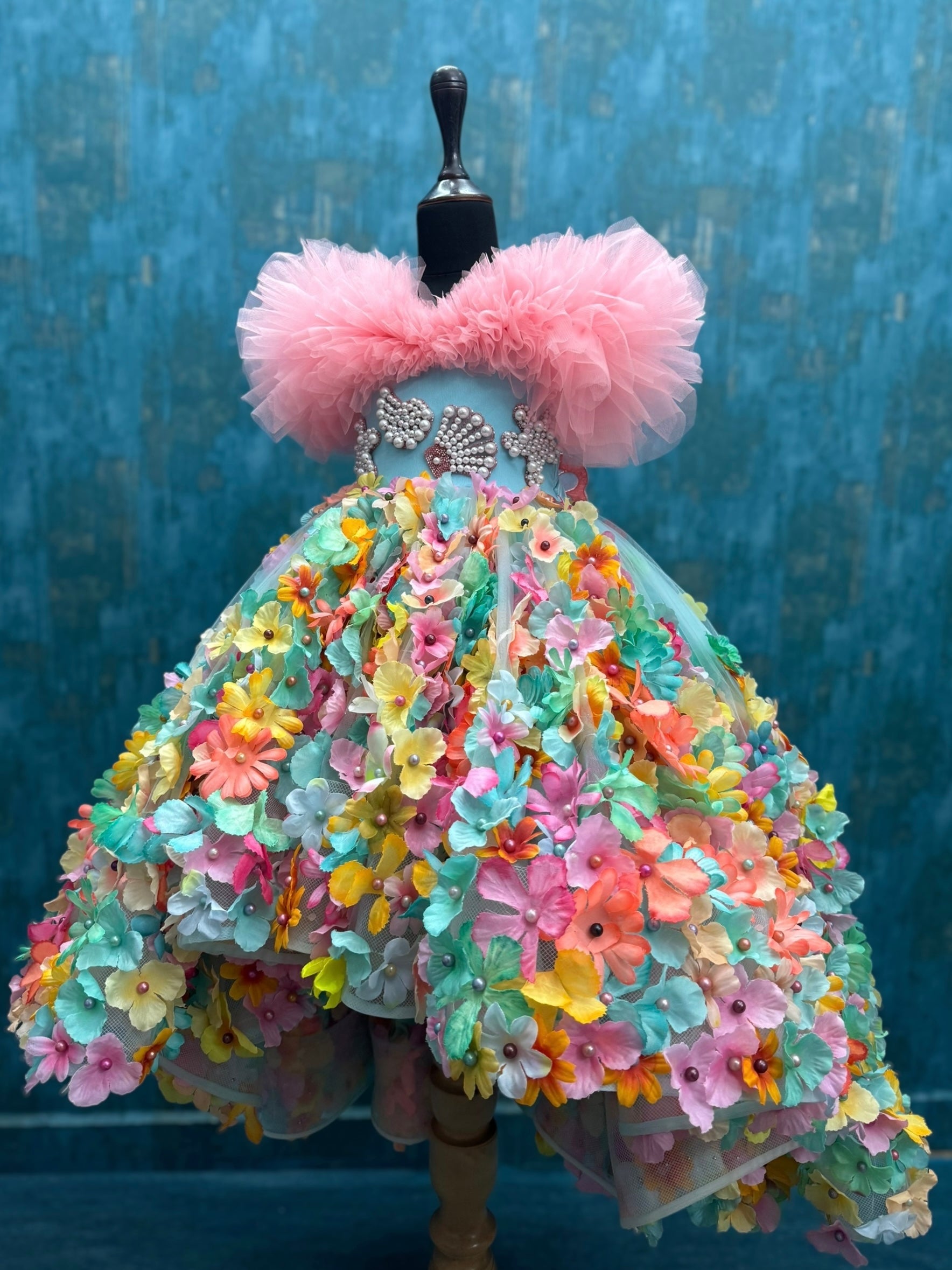 Multi Colour Floral High Low Gown with Pink Ruffle Top And Turquoise Body