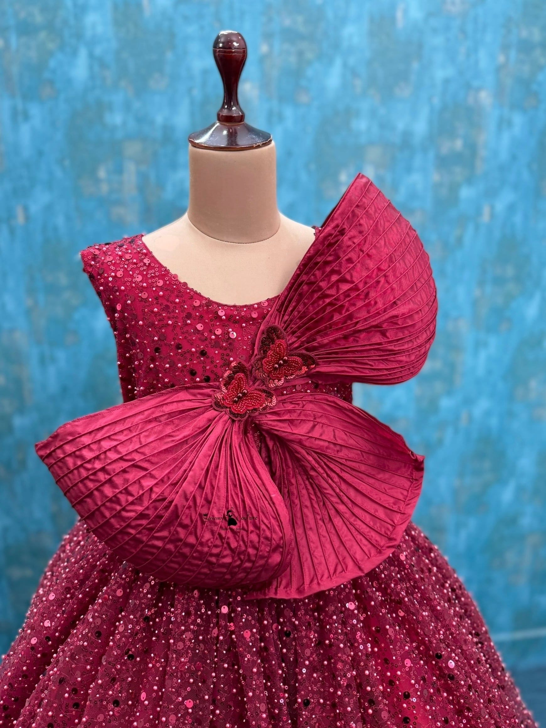 Maroon Star fall Crystal Grand Bow Princess Ball Gown