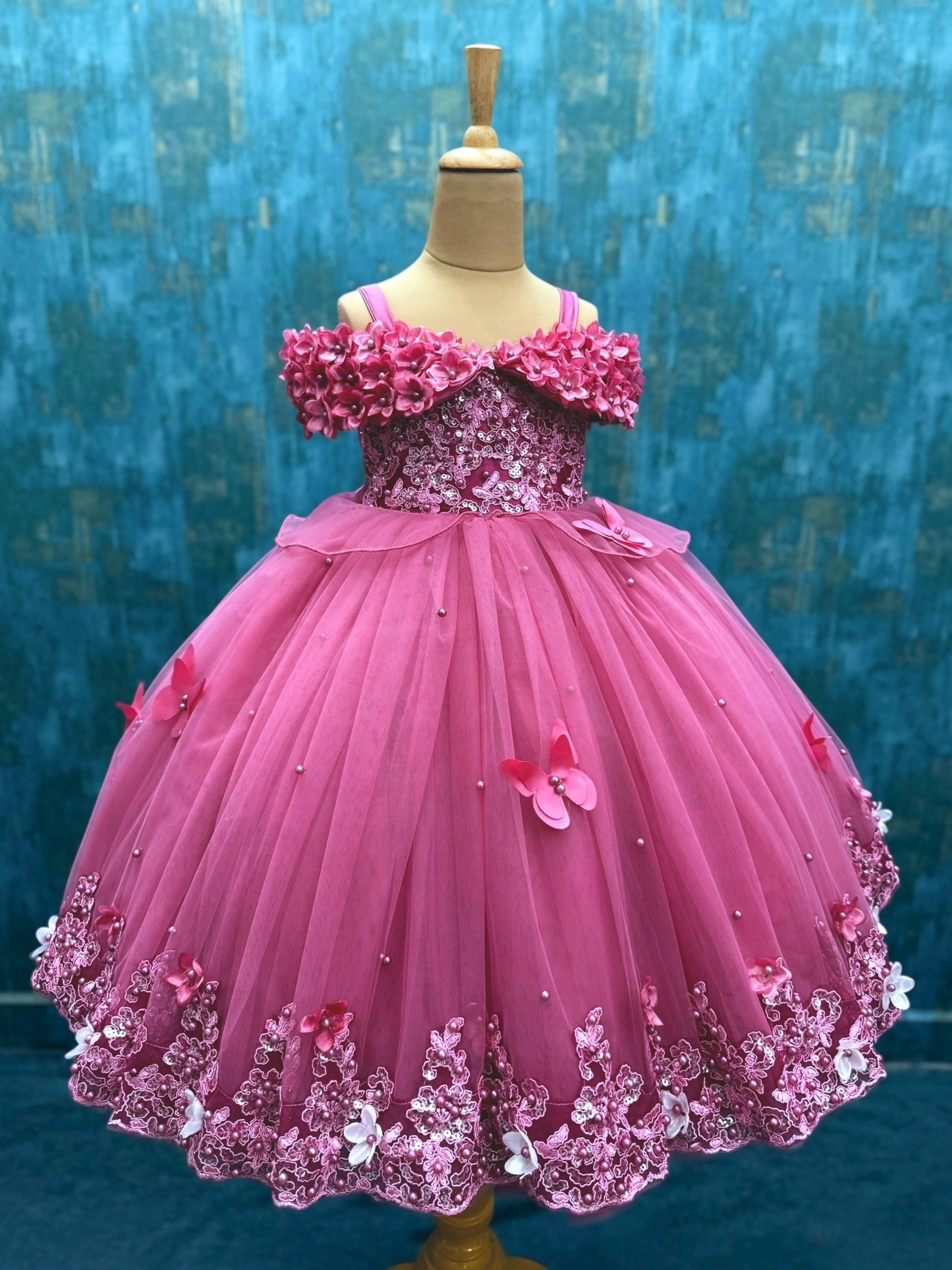 Dusty Rose Pink Lace And Pearl Ball Gown