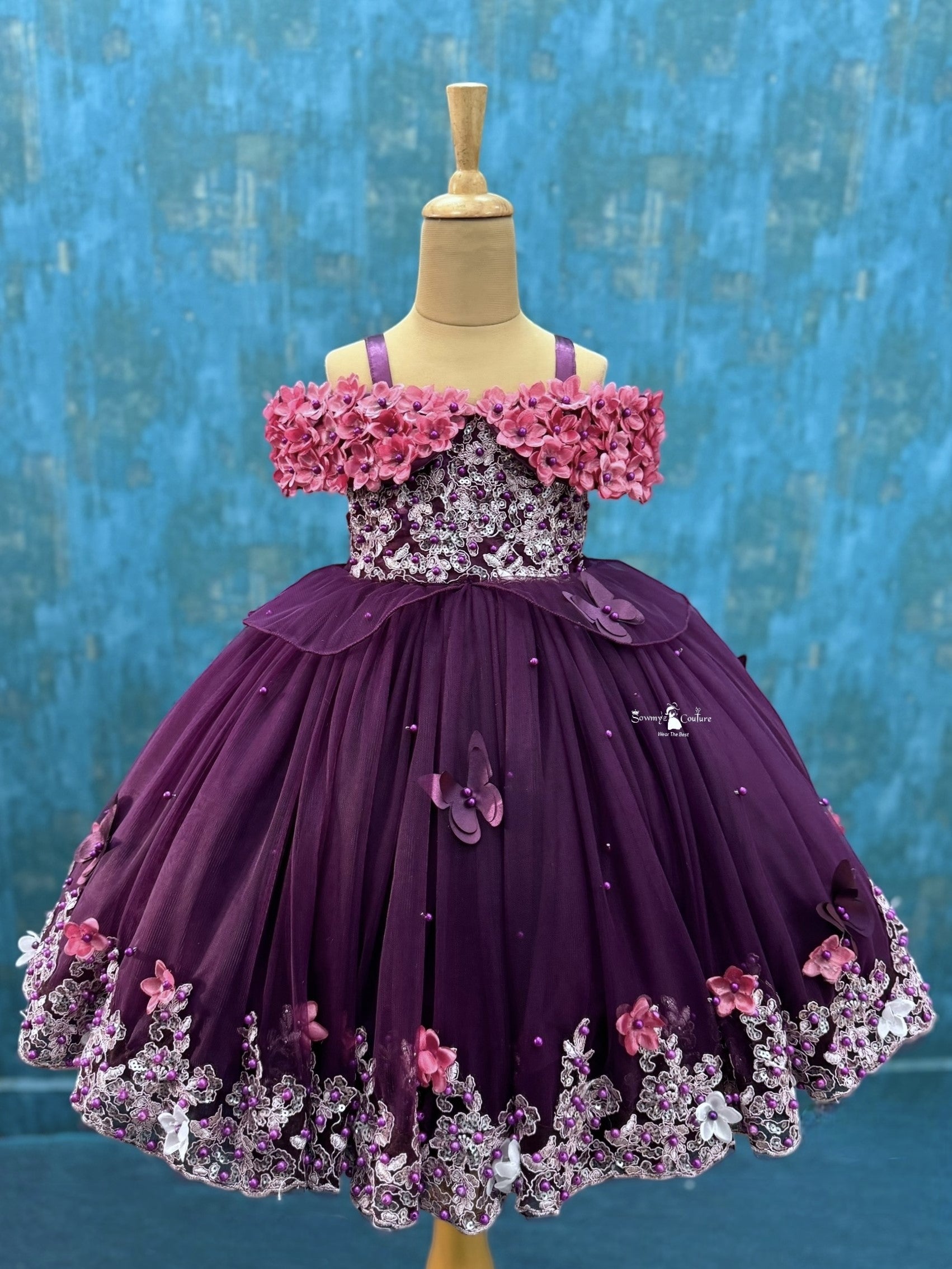 Plum Purple Lace And Pearl Ball Gown