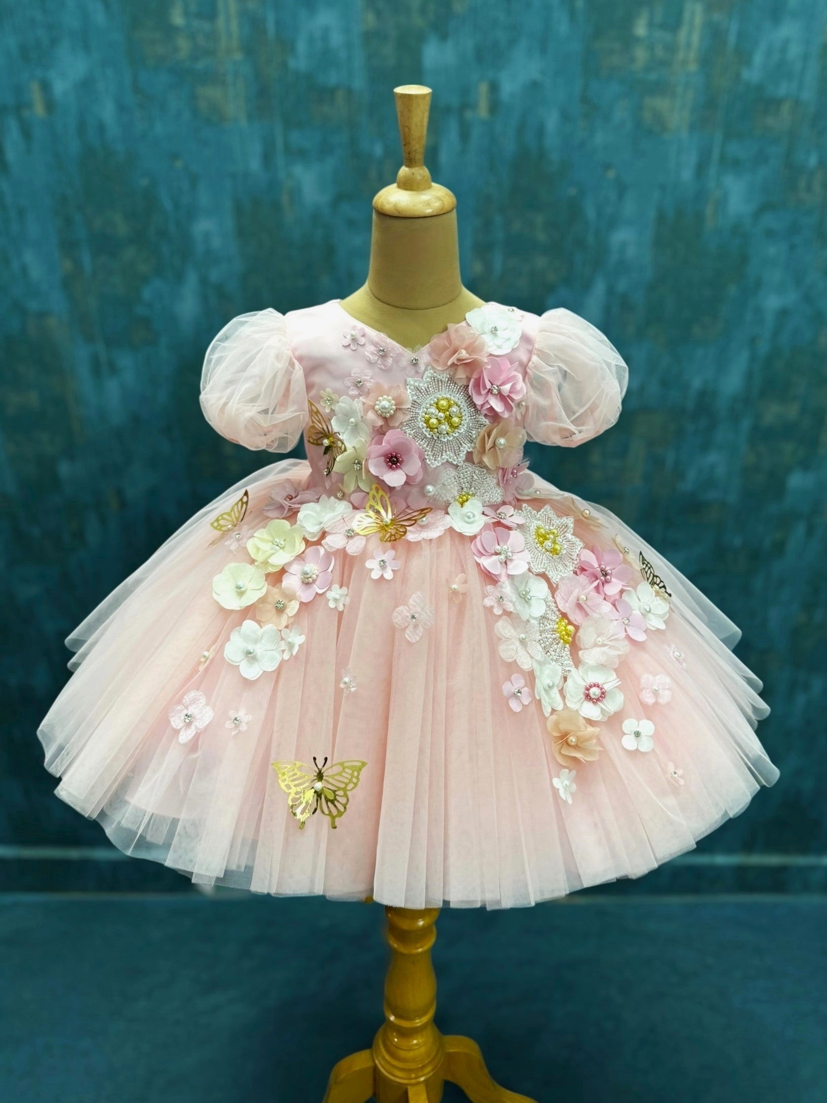 Rose Mist Pink floral and butterfly ball gown with intricate work