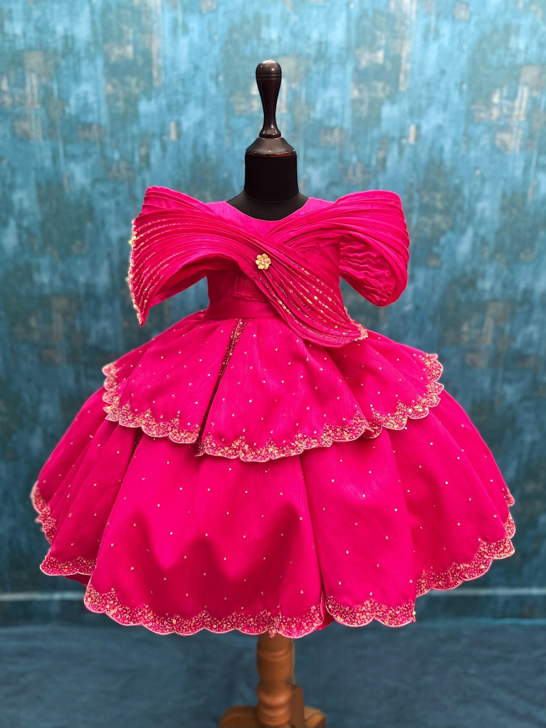 Designer Gown for Girl Online, Hot Pink Tiered Ruffle Gown