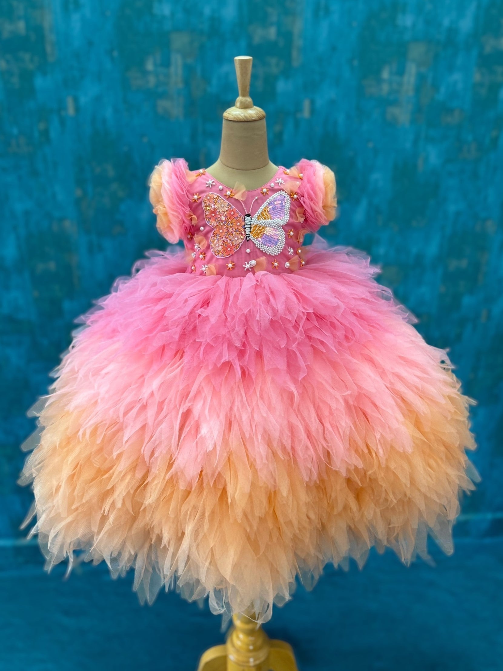 Lumière Butterfly Blush-Peach Layered Couture Gown