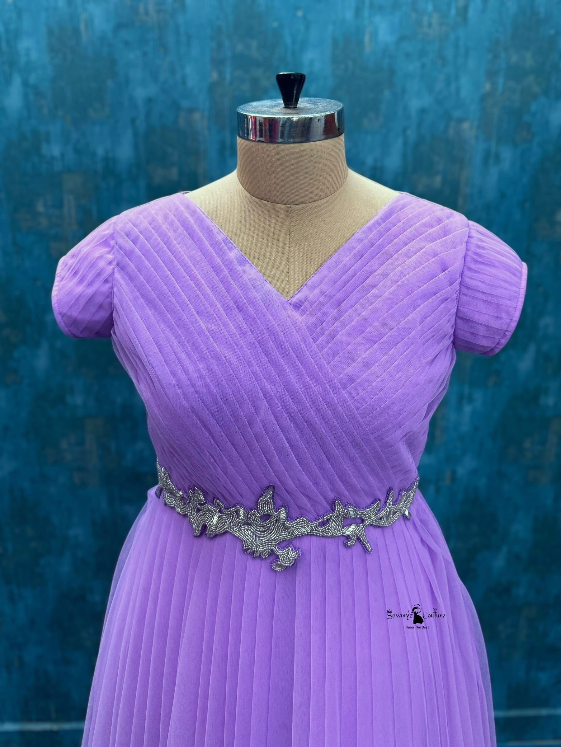 Lavender Moonlight Pleated Elegance Silver Belt Statement Gown