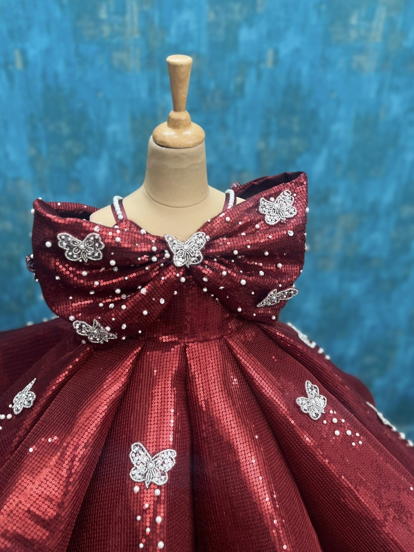 Crimson Papillon Royale Sequin Bow Couture Celebration Gown