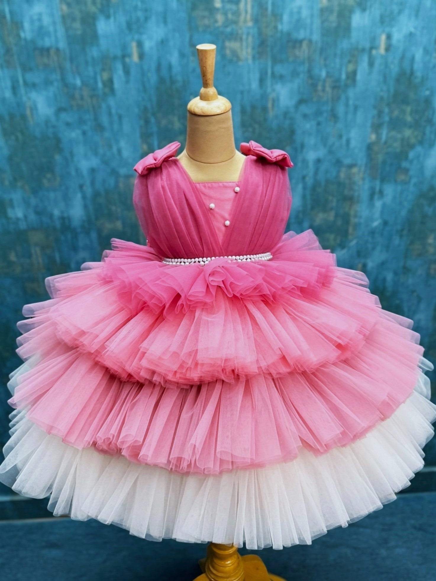 Blush Petalite Pearl-Belted Cloud Tulle Fantasy Dress