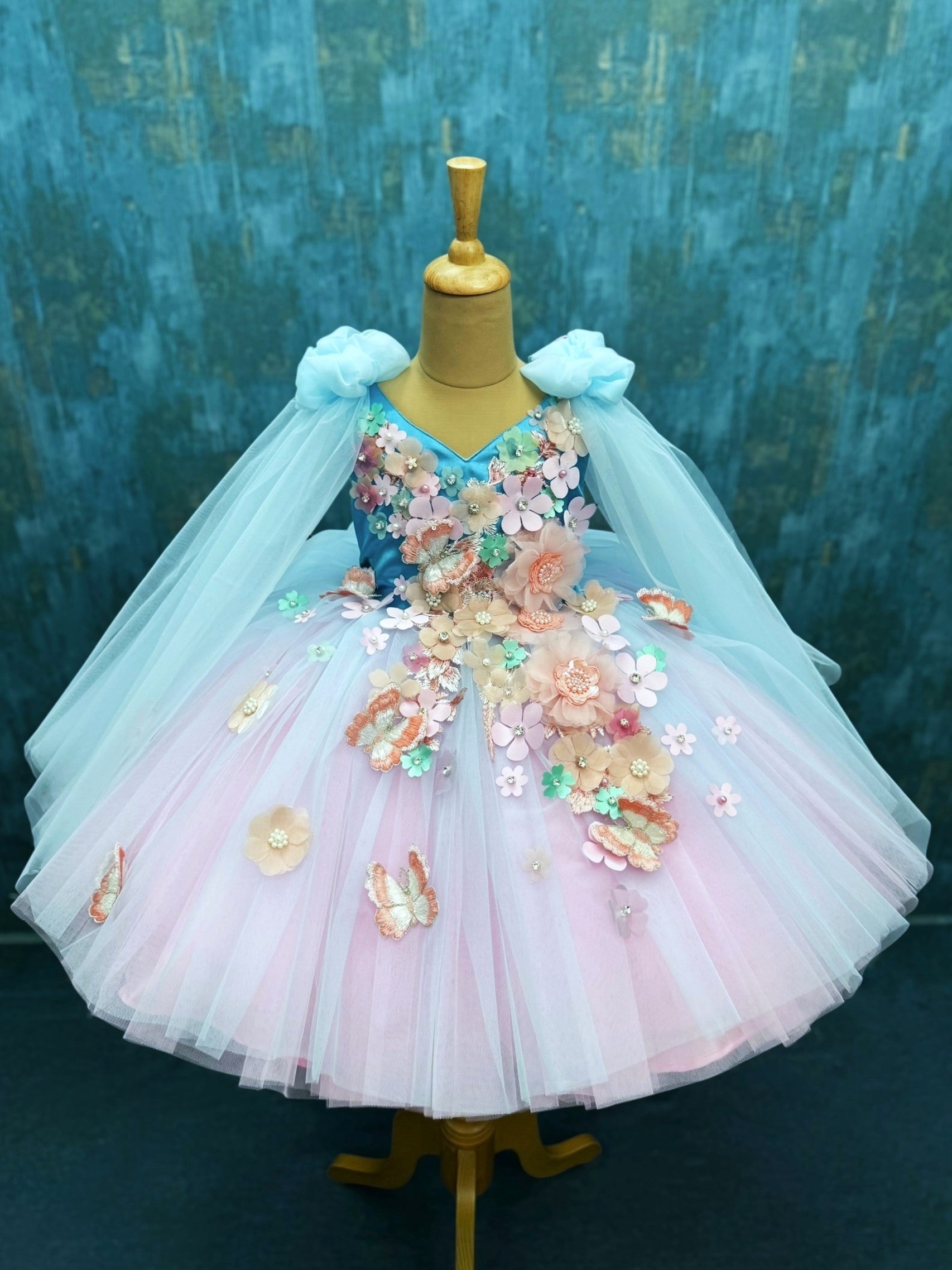 Soft Sky Petal fall Butterfly Fantasy Floral Couture Celebration Dress