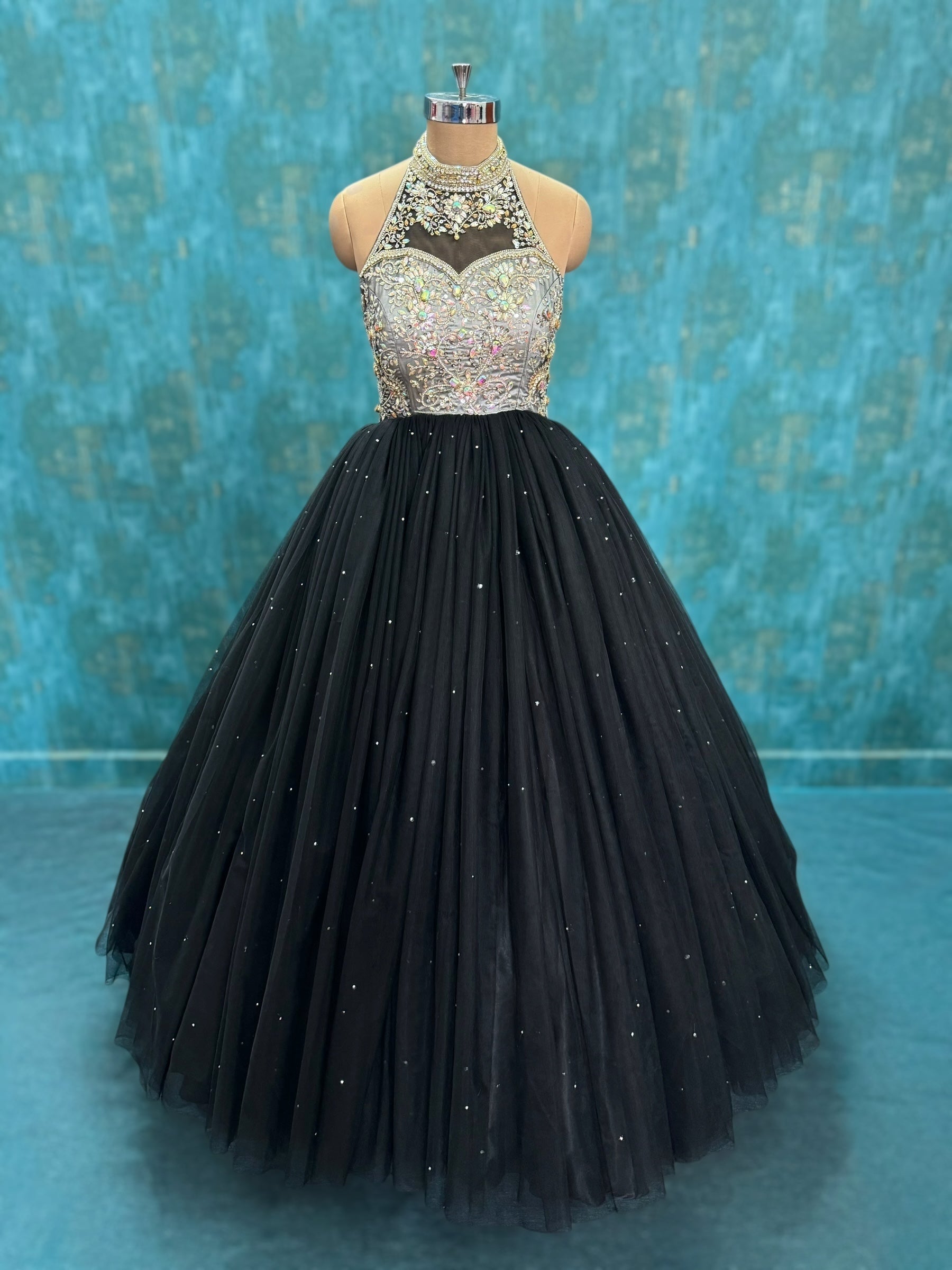 Midnight Star Luxe Obsidian Crystal Halter Princess Ball Gown