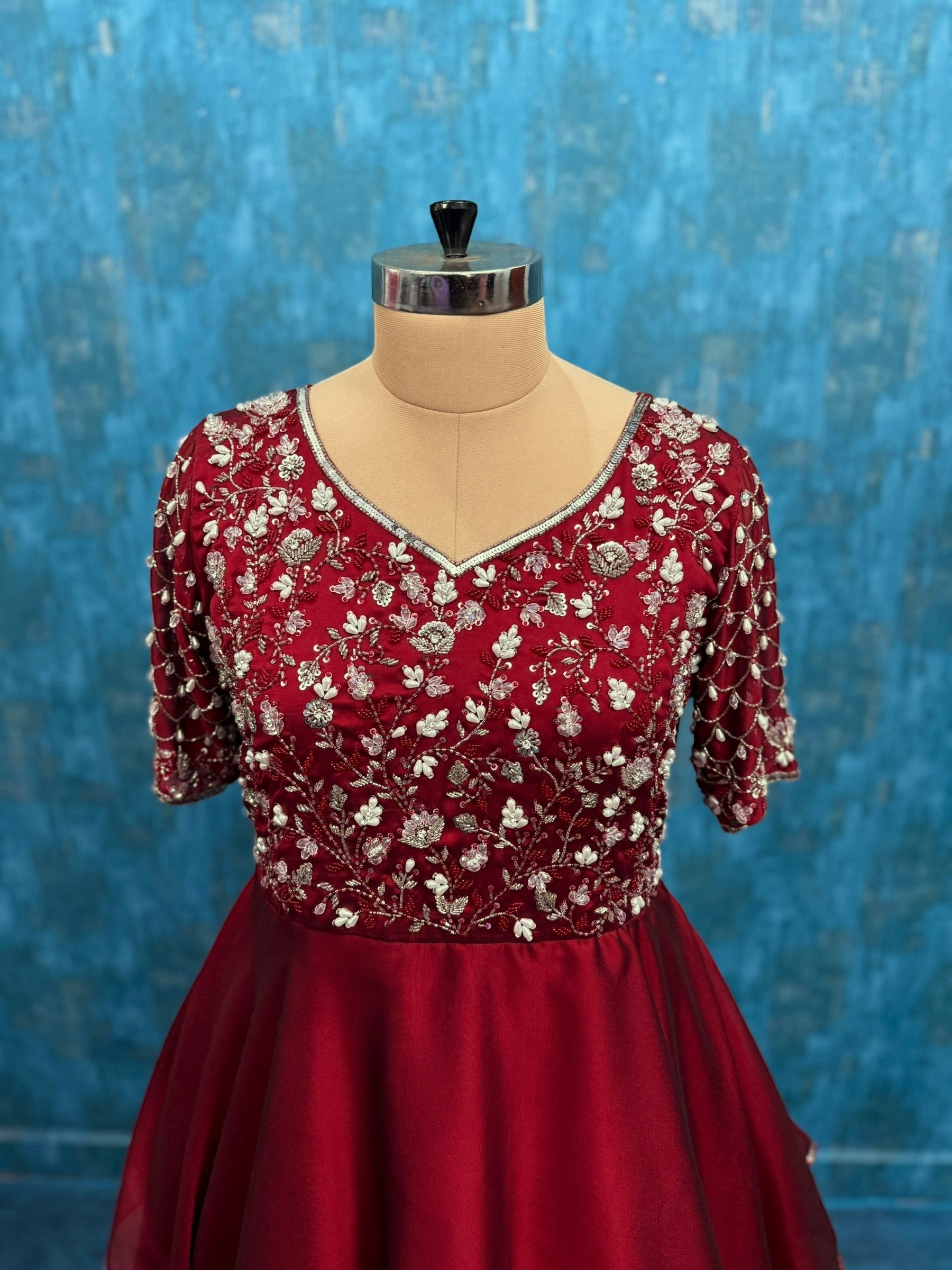 Ruby Empress Garden of Roses Pearl-Accented Couture Celebration Dress with Hand-Embroidered Bodice