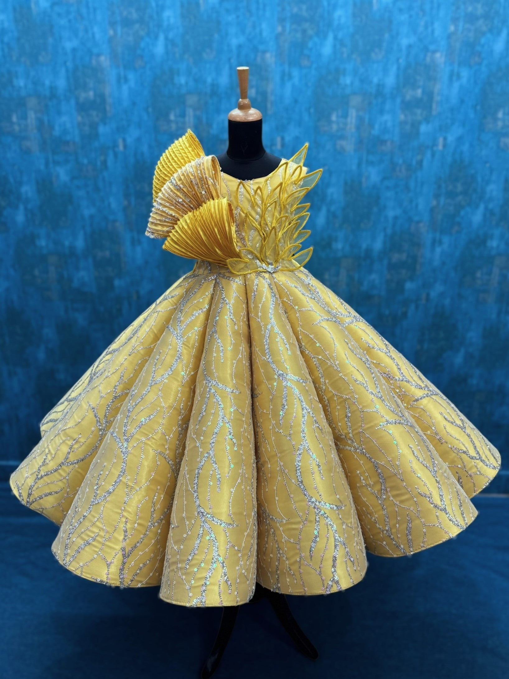 Yellow Structured Panel Ball Gown with Embossing Bows and Hand Embroidered Petals