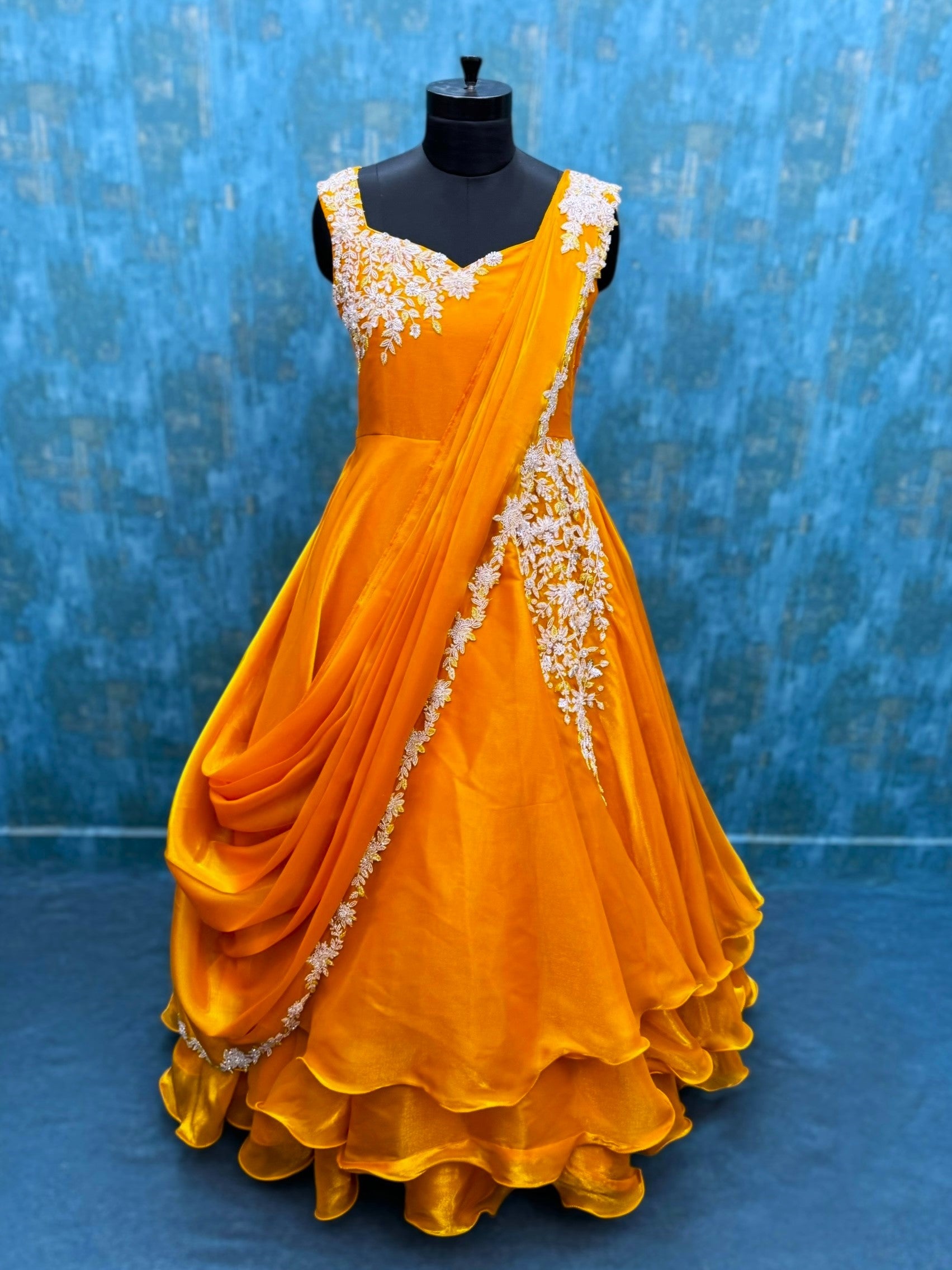 Golden Marigold Royale Embroidery Couture Gown With Attachable Draped Dupatta