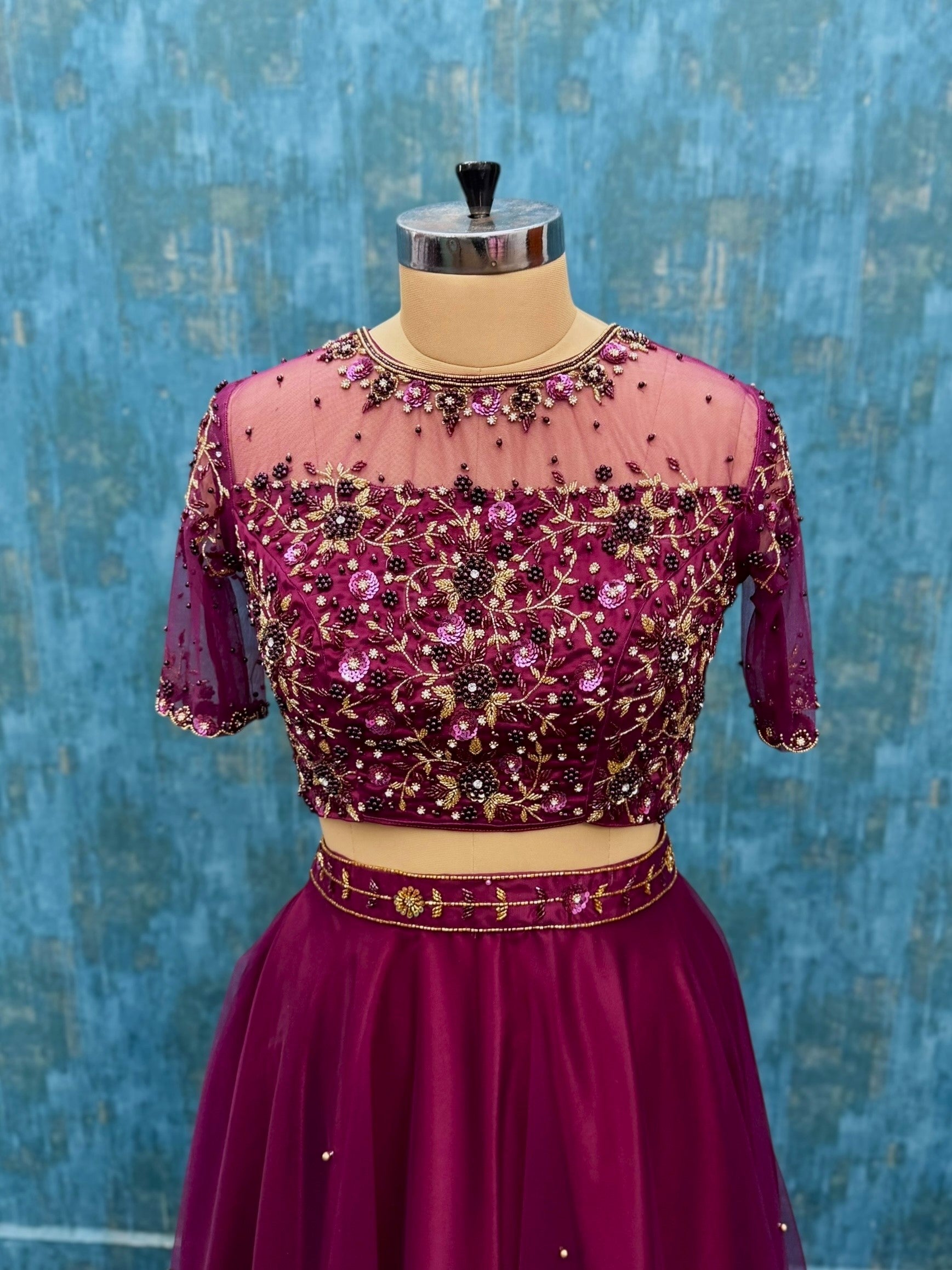 Burgundy Empress Floral Vine Hand-Embroidered Lehenga Ensemble