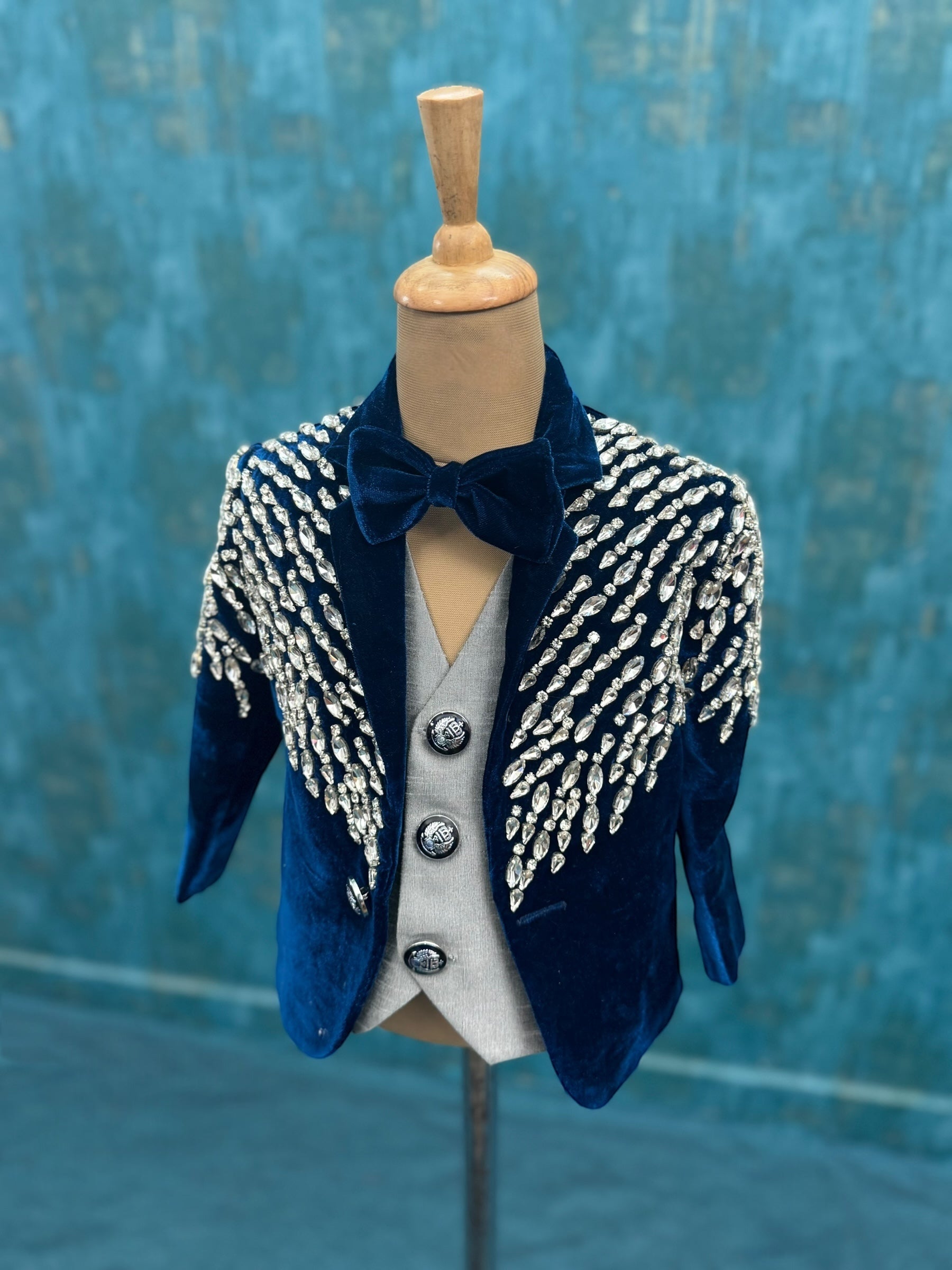 Deep Blue Velvet Crystal Cascade Designer Evening Blazer Suit