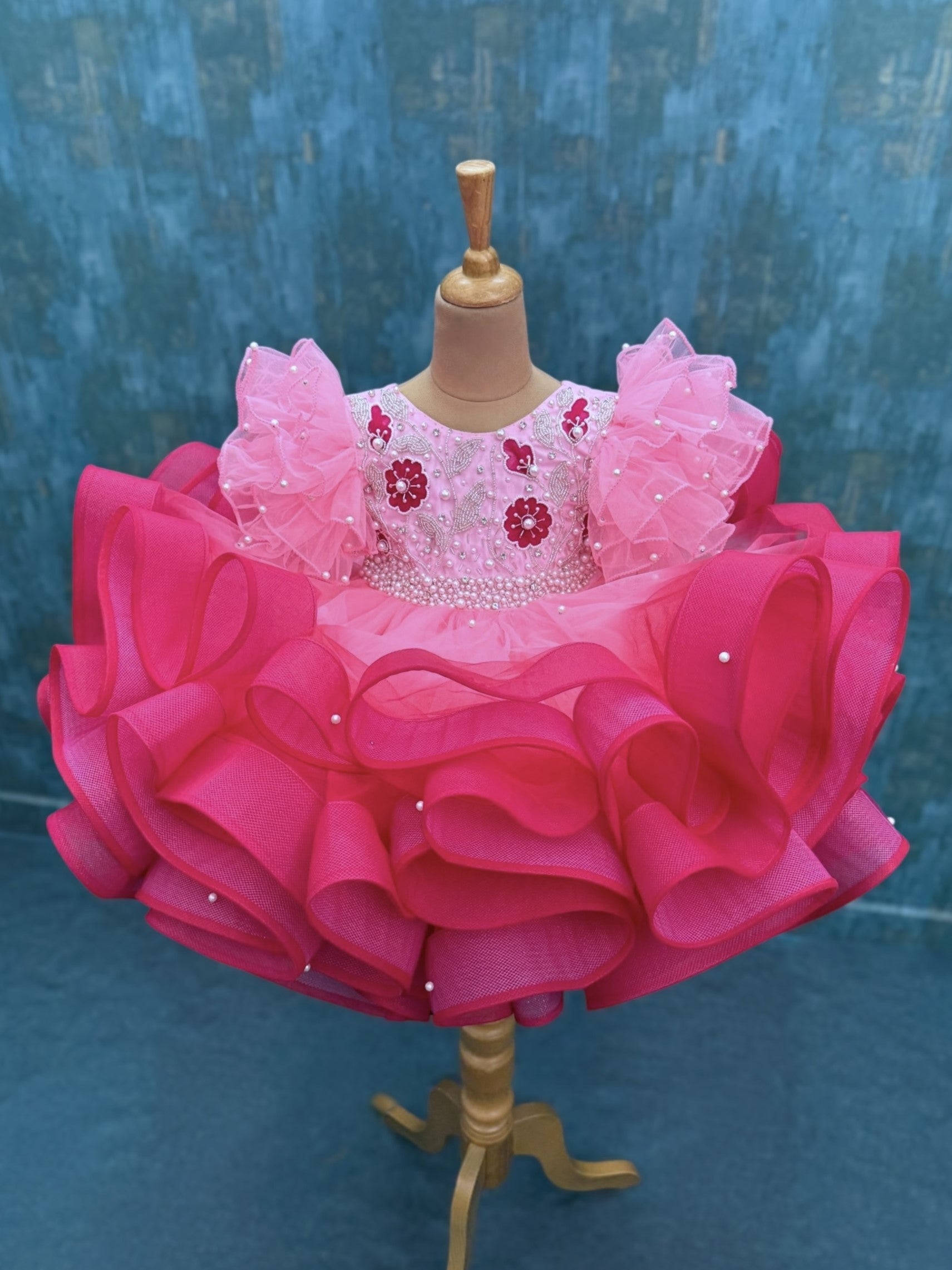 First Birthday Dress Online, Hot Pink Floral Pearl Ruffle Dress
