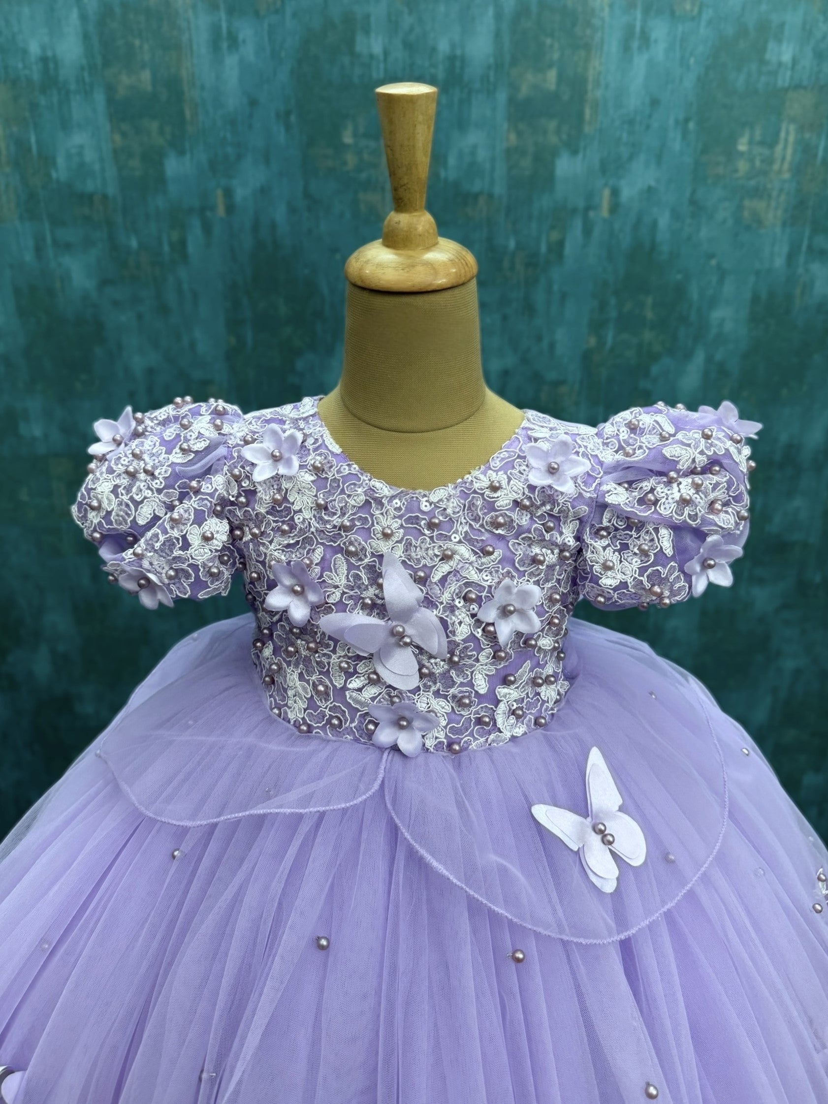 Lavender Butterfly Meadow Lace And Pearl Ball Gown