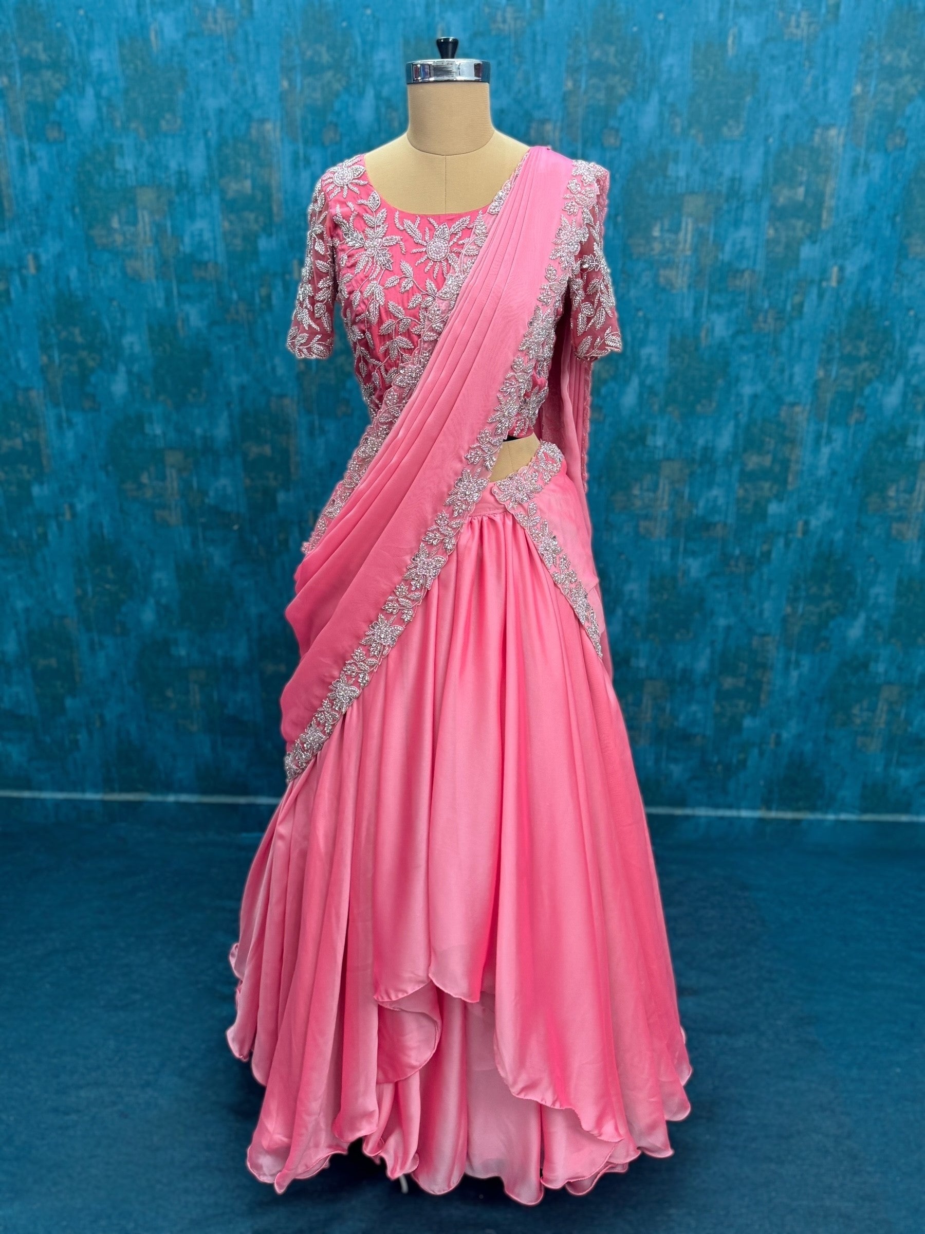Petal Pink Silver Vine Hand-Worked Saree-Style Lehenga Couture with Soft Layered Flowing Hem
