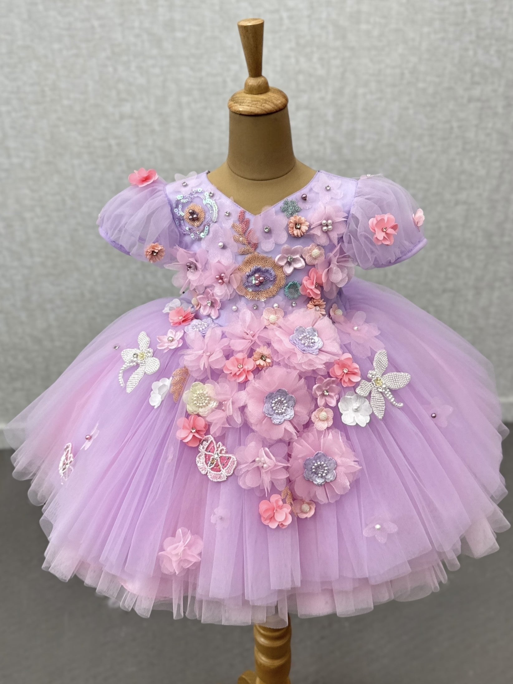 Soft Violet Rose Field 3D Floral Fantasy Princess Gown