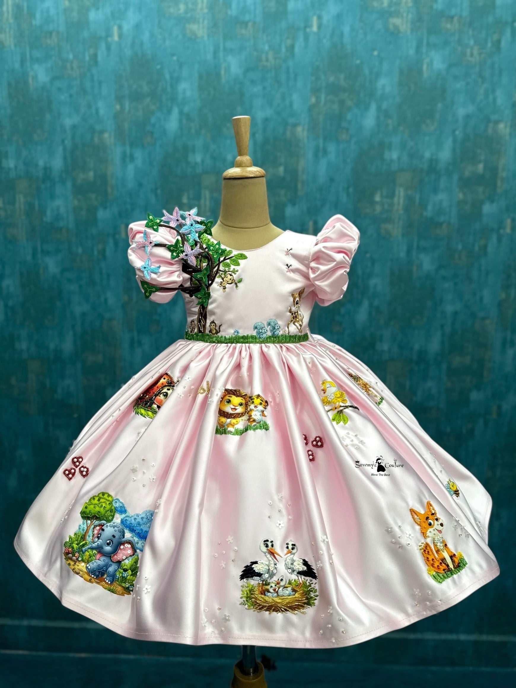 Designer Kids Clothes For Girls Online, Pink Satin Dress with 3D Florals