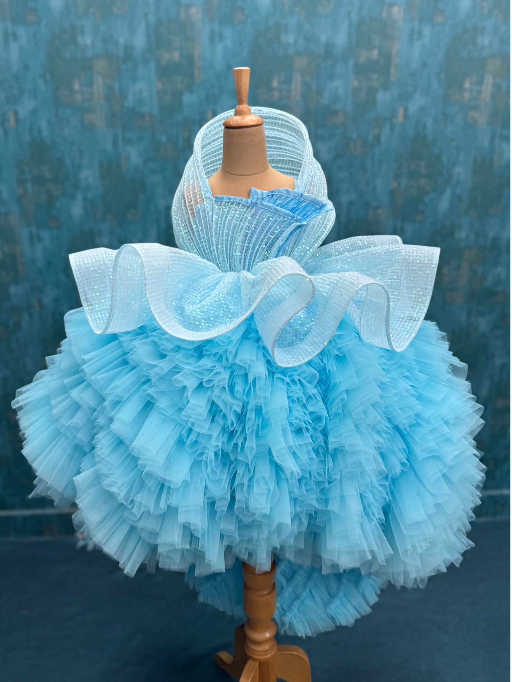 Couture Dresses Online, Sky Blue Couture Ruffled Pageant Dress