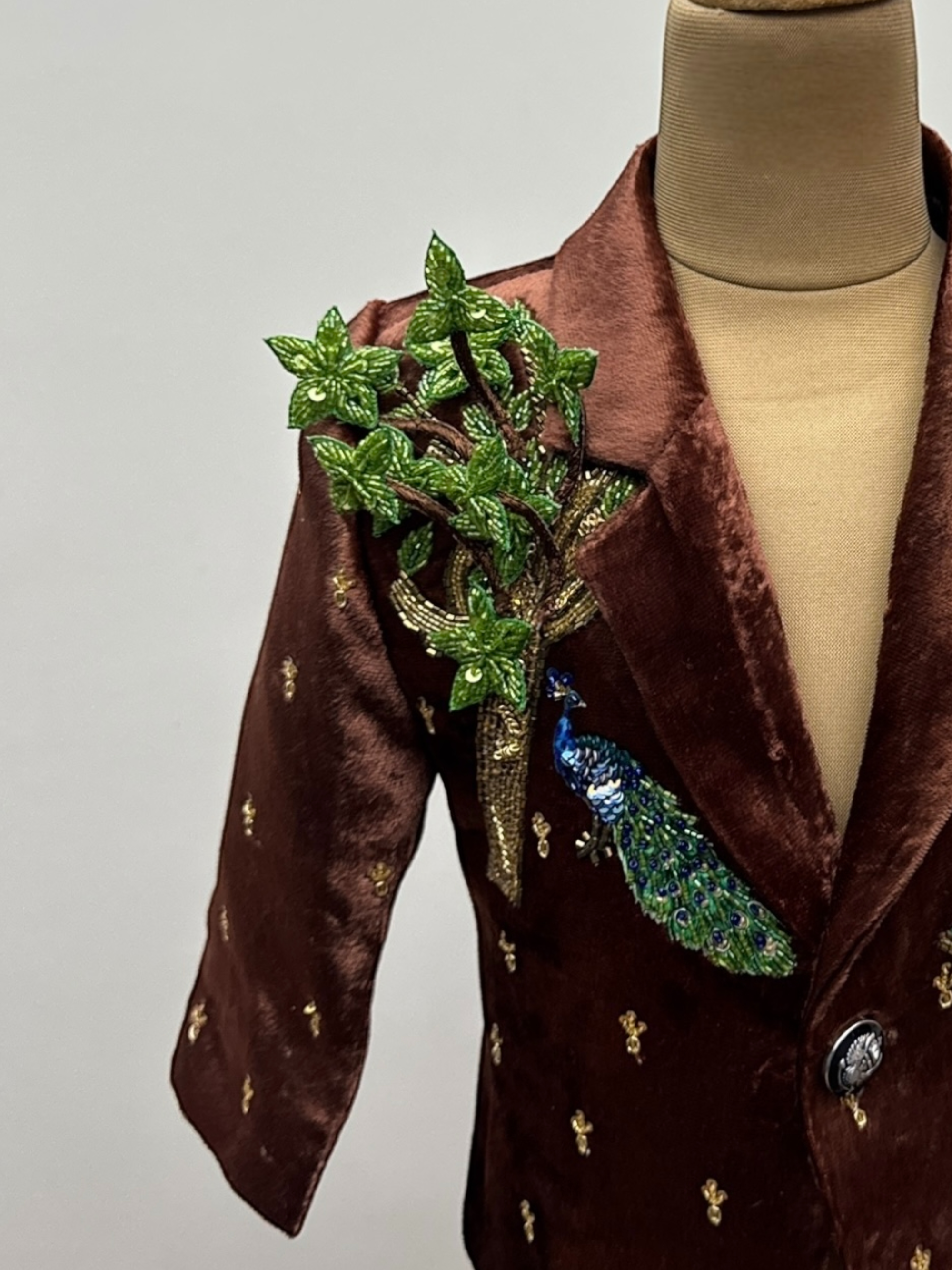 Chocolate Brown Velvet Krishna Peacock Garden Couture Blazer Jacket