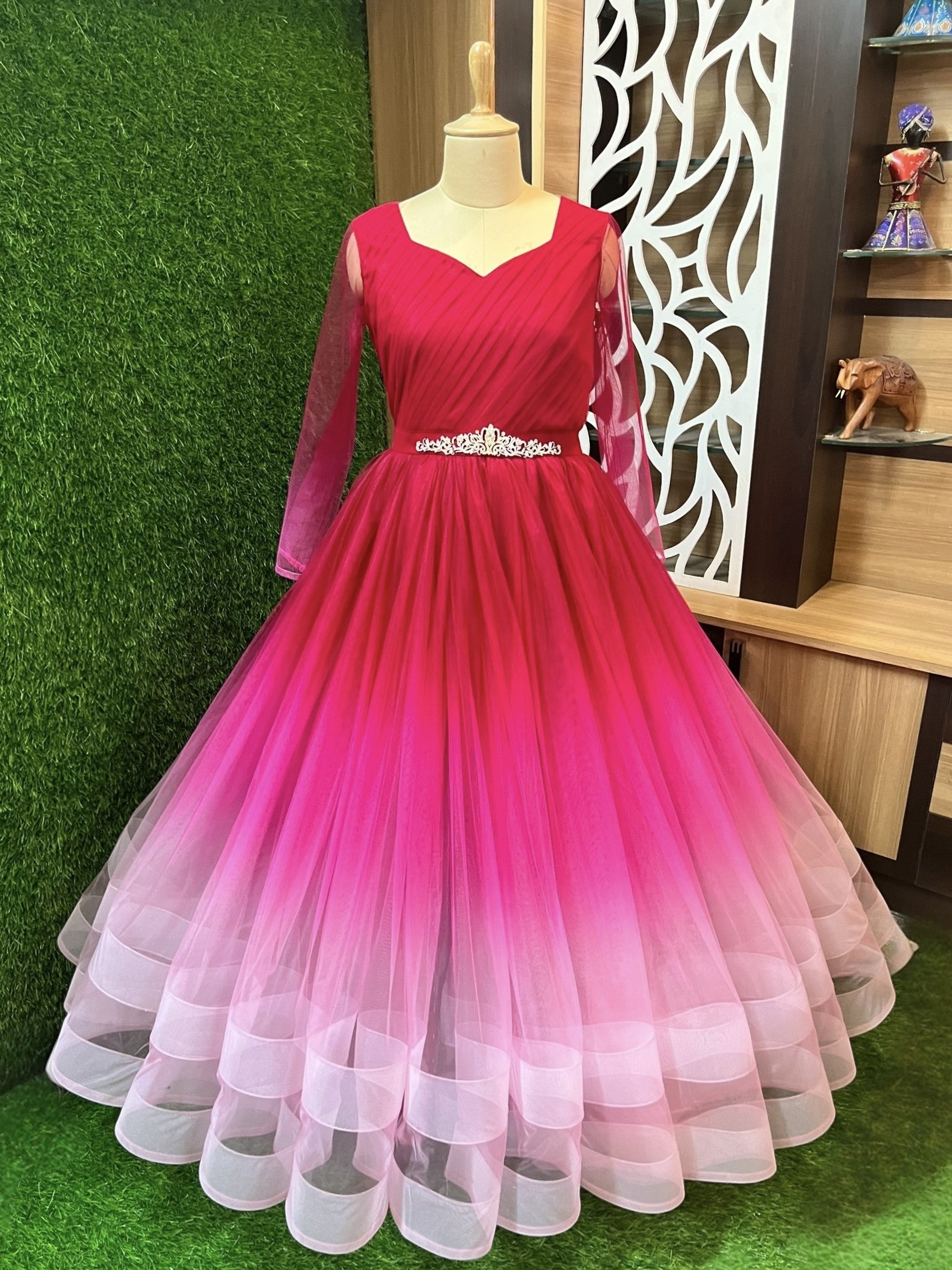 Blush Garnet Twilight Shaded Flow Layered Net Couture Ball Gown