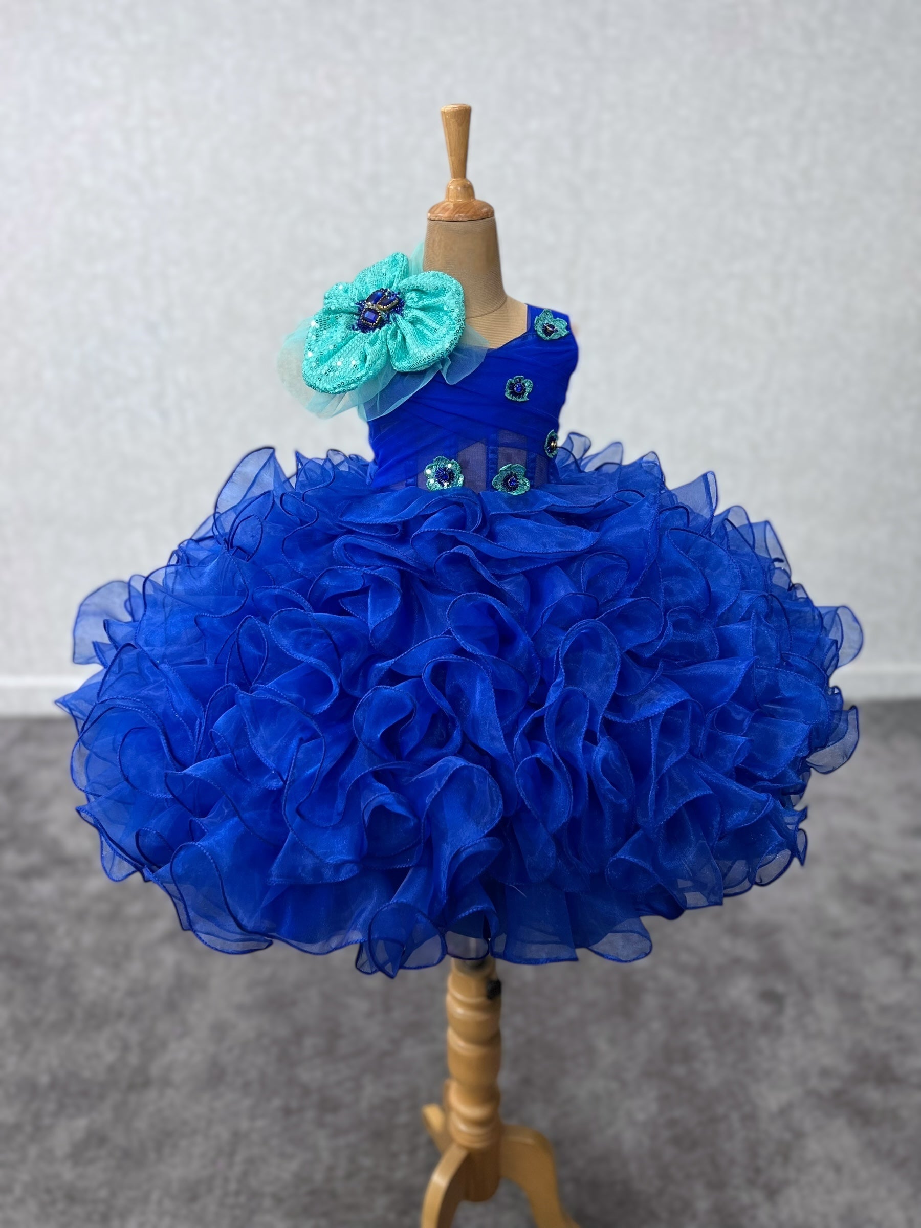 Royal Blue Ocean Whisper Crystal-Flower Couture Princess Dress