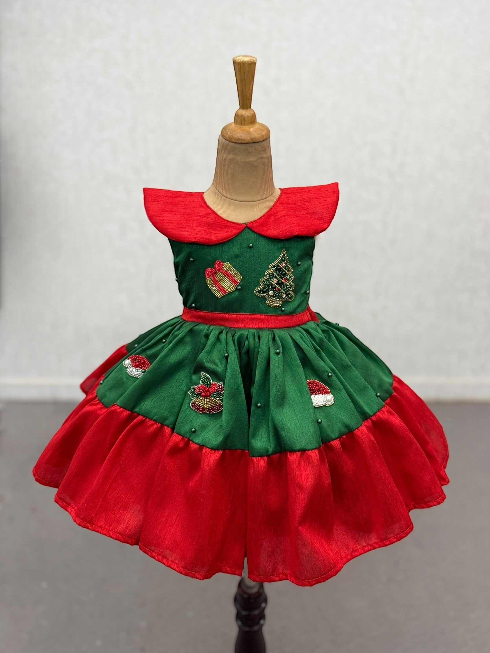 Girls Party Wear Online, Festive Green and Red Christmas Party Dress for Girls