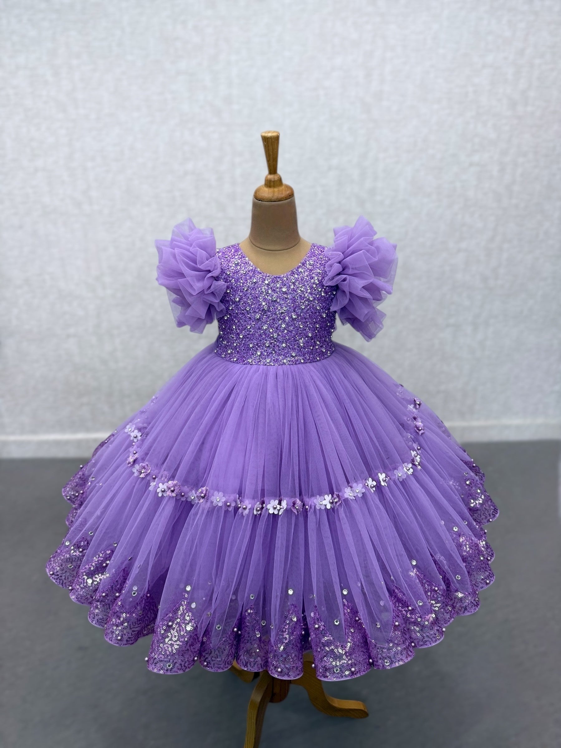 lavender sequence ball gown with intricate hand work