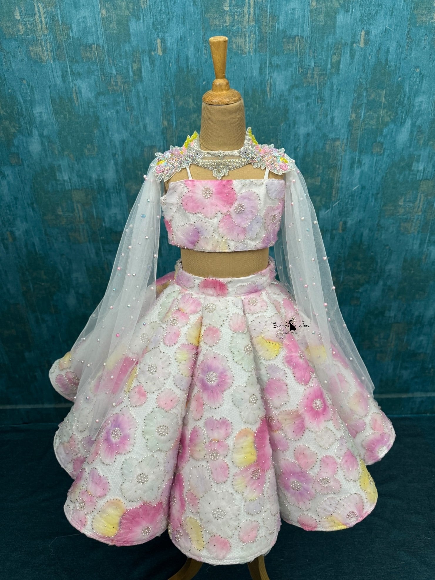 white and multicolour floral panel lehenga with hand work duppatta