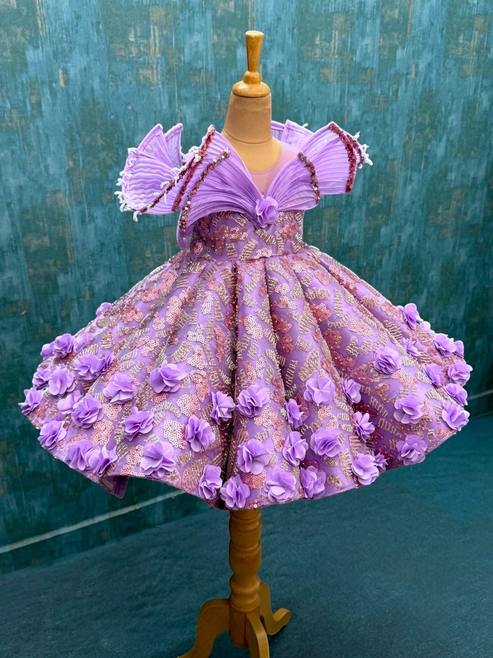Lavender and Pink Structure Panel Ball Gown With 3D Flowers