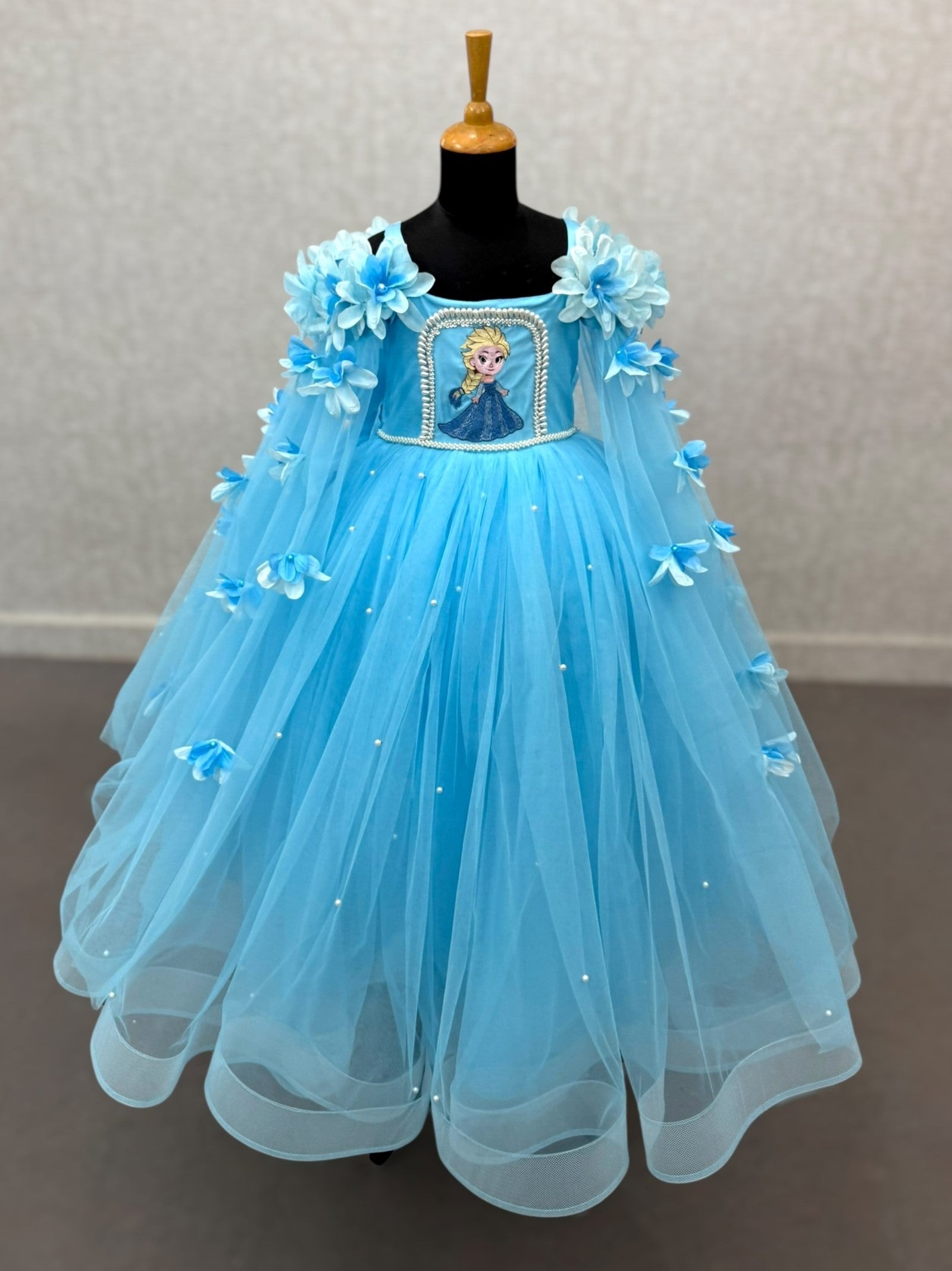 blue frozen elsa bloom gown with floral work
