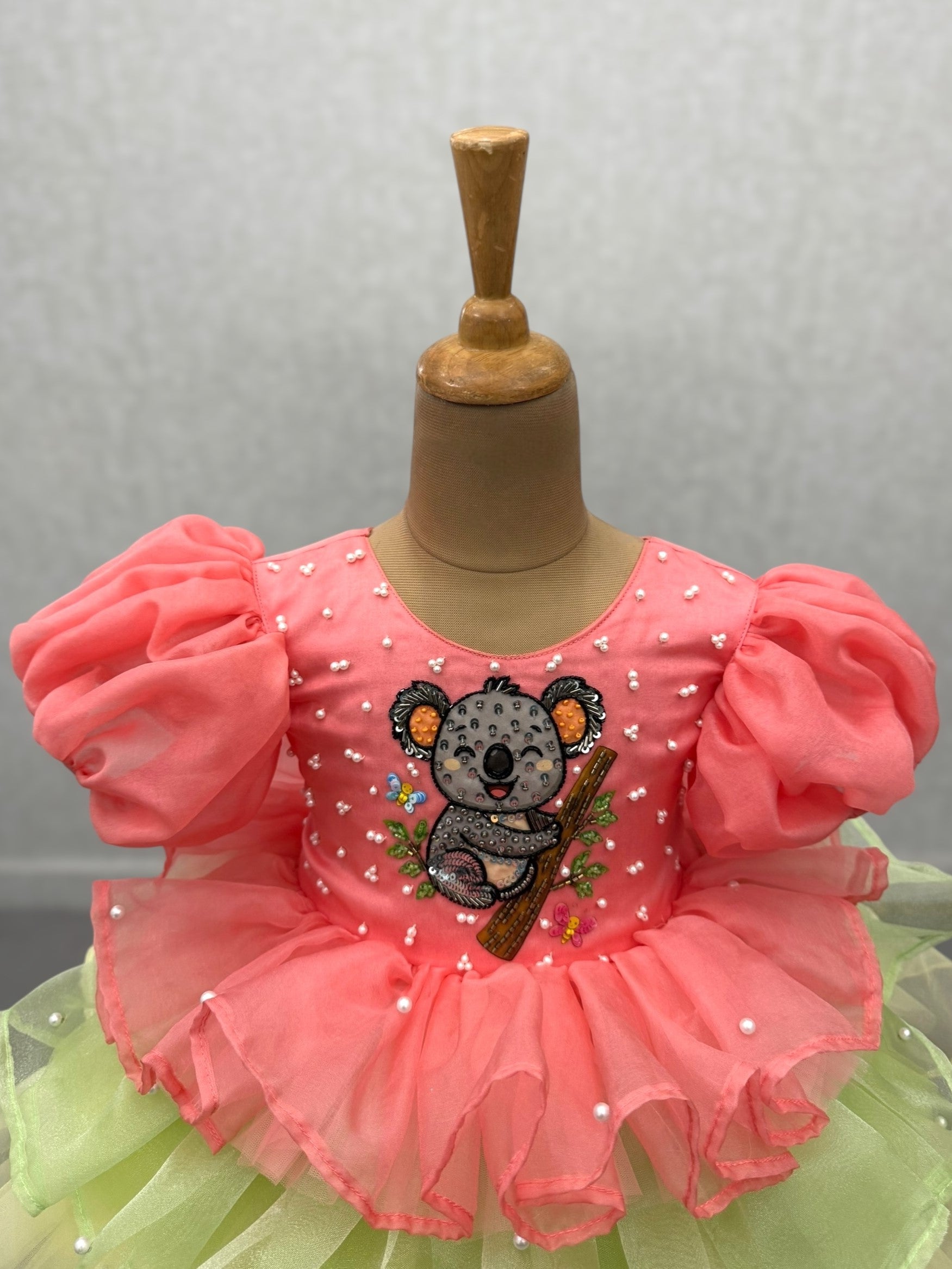Minty Coral Koala layer organza gown with puff sleeves