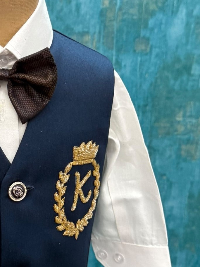 Blue waist Coat With Pleats Detailing comes with Pant, Shirt and Bow