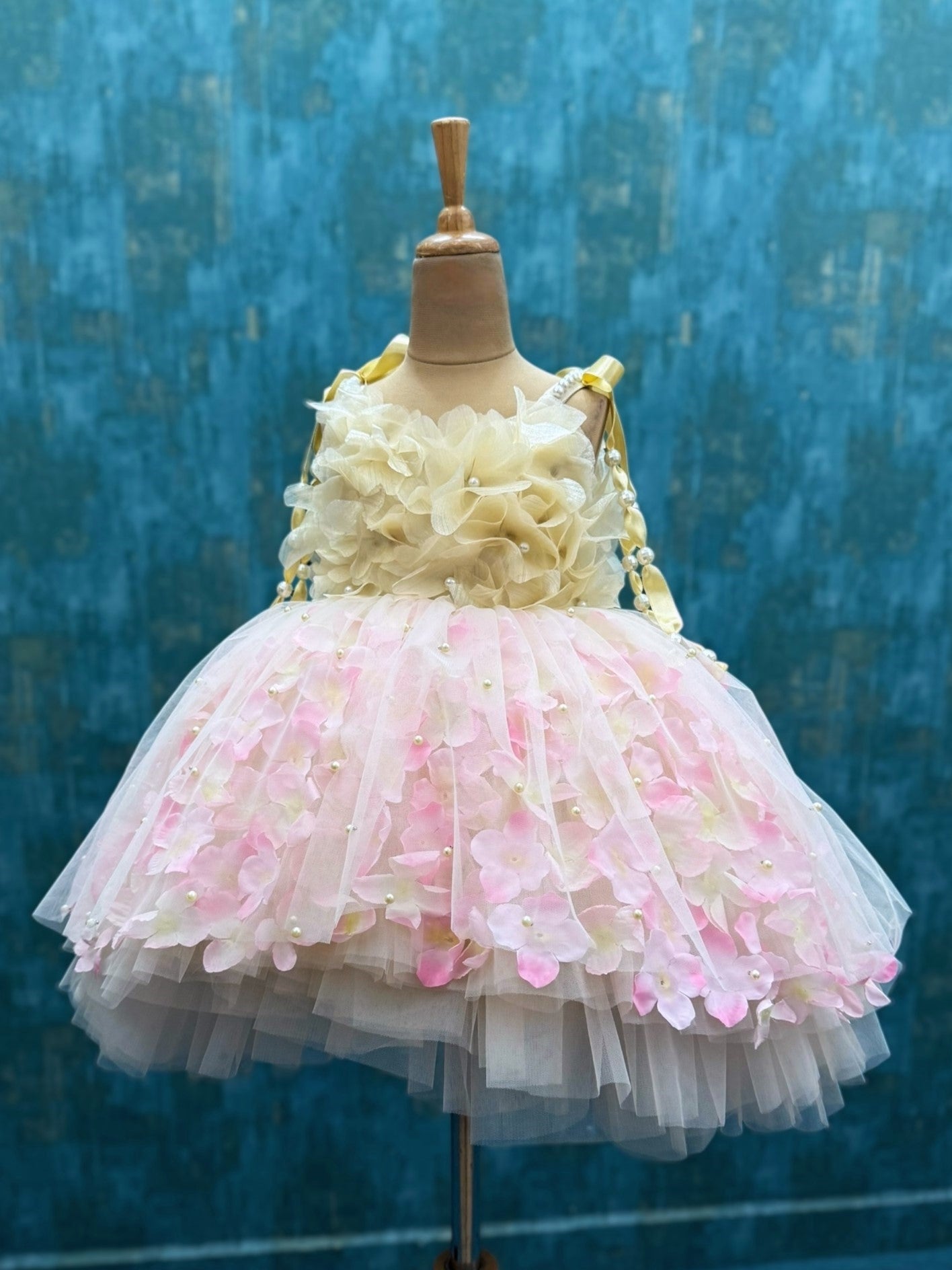 Buttercream high low Bloom Dress with 3d flowers