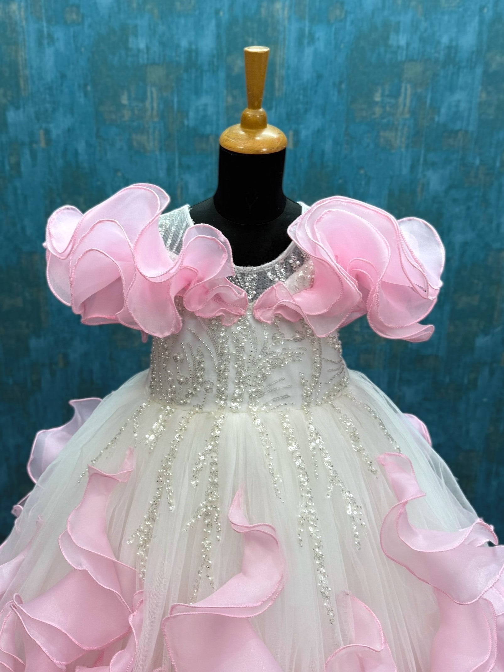 white and pink organza fairy ball gown swirl sleeves