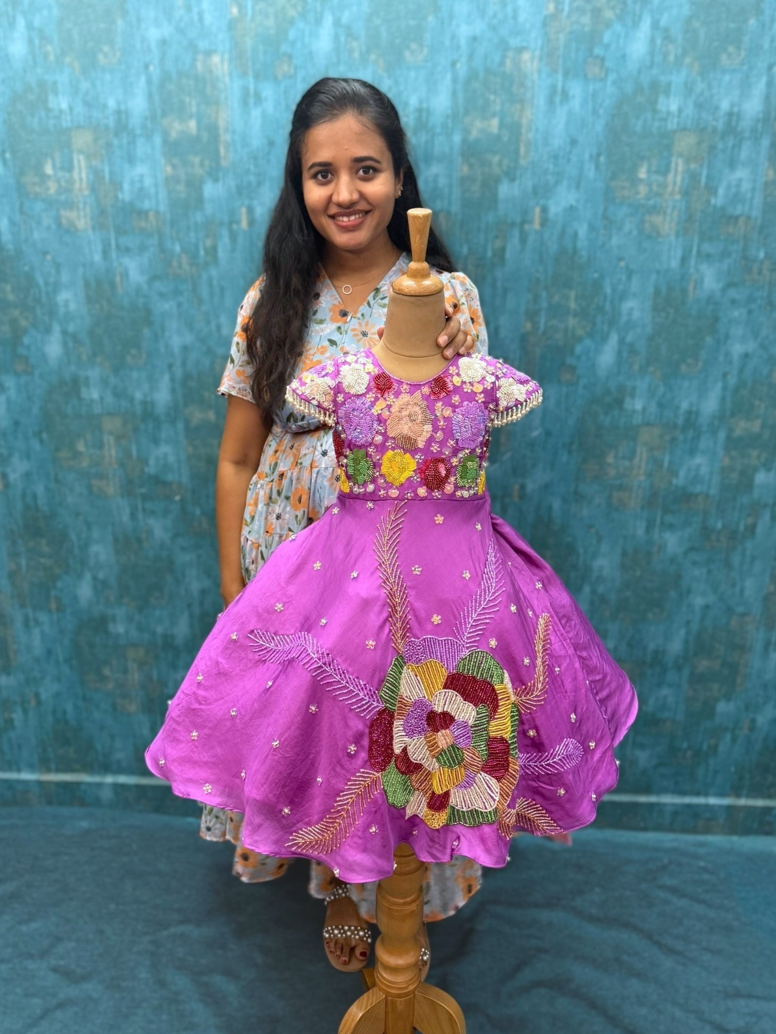 multicolour embroidered floral silk gown with cape sleeves