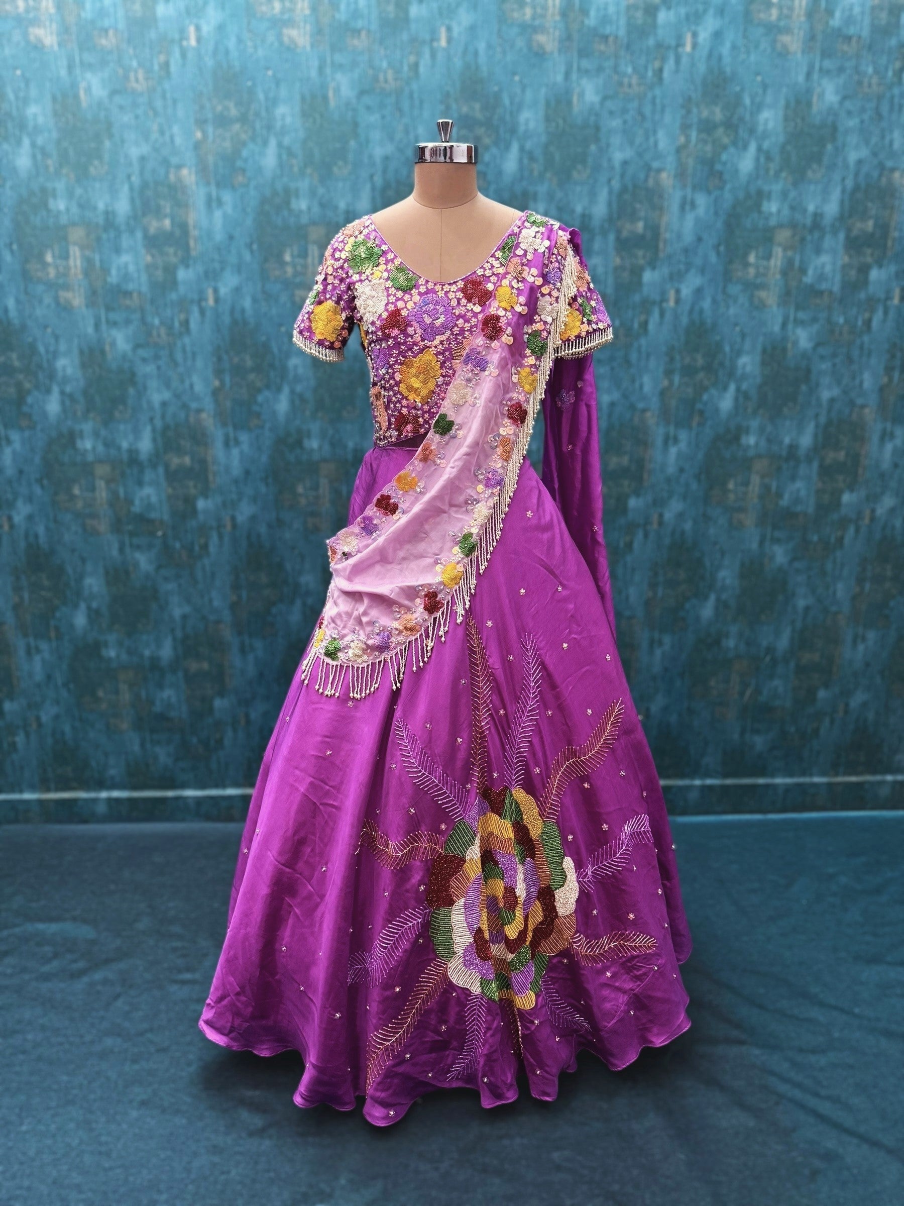 Multi colour Hand embroidered Saree gown with Attached Duppatta