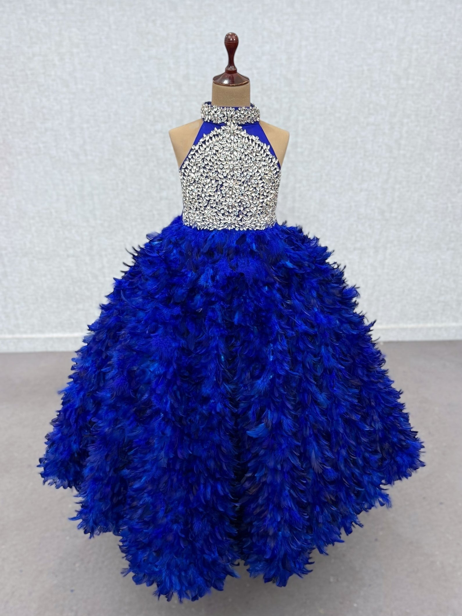 royal blue Feathered Ball Gown with Stone Embroidery Bodice