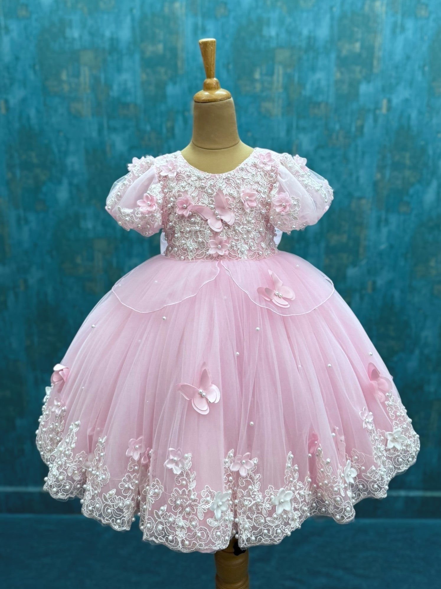 lace and pearl butterfly pink ball gown with puff sleeves